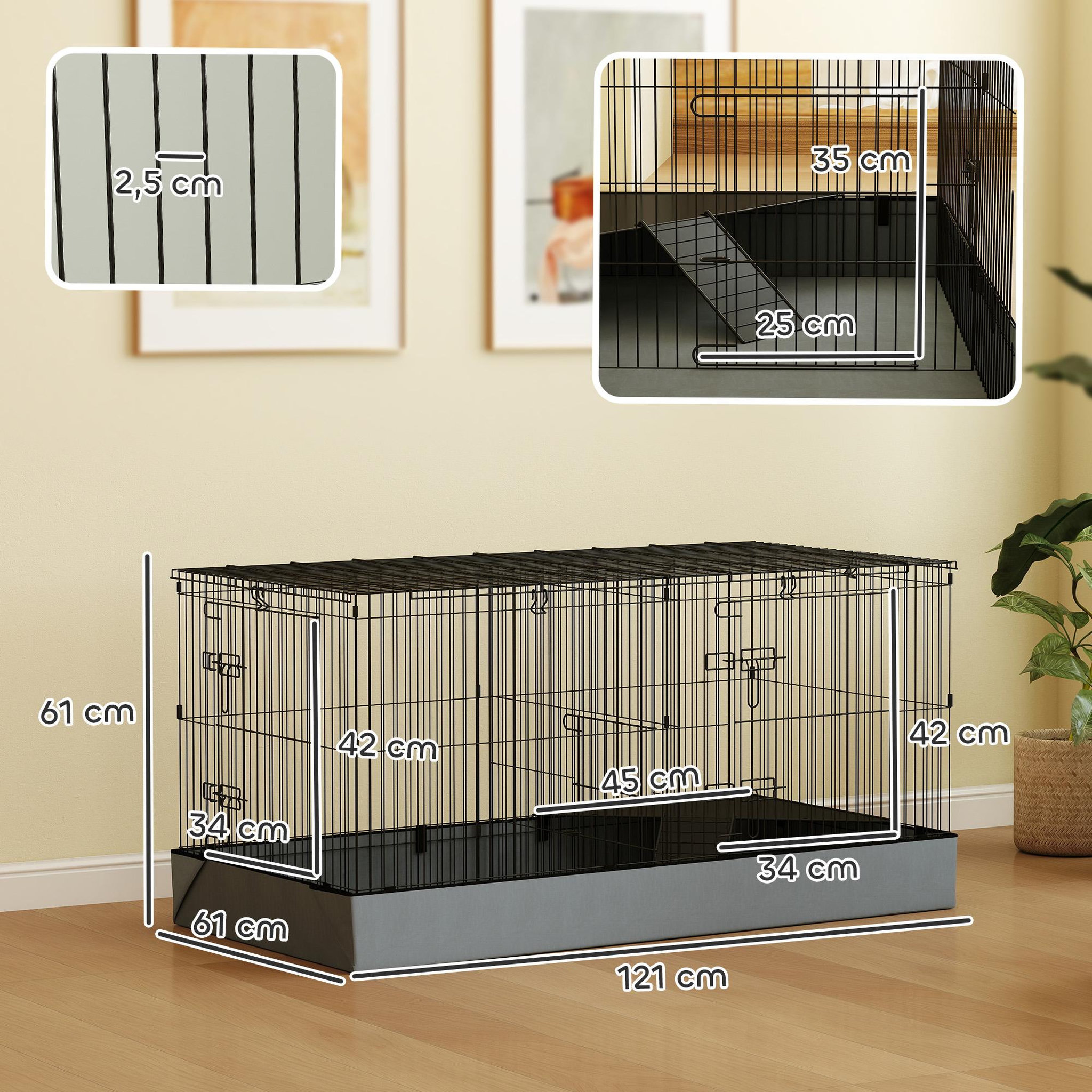 Voir la diapositive 3 : PAWHUT Cage pour cochon d'inde avec séparation 2 zones - plateforme observation, rampe, portes - acier noir PVC tissu gris