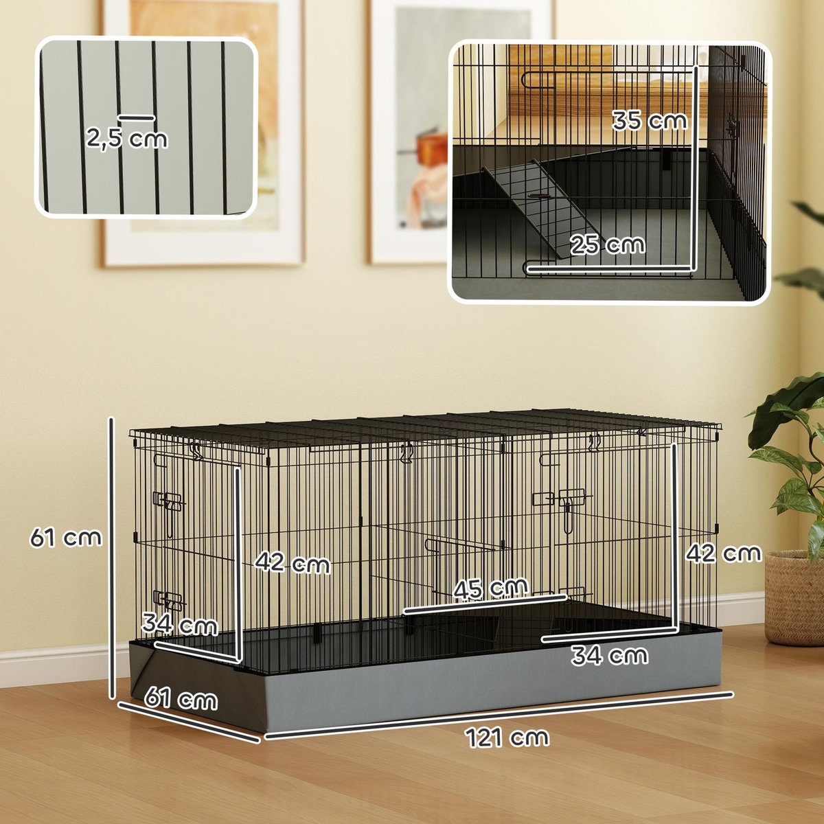 PAWHUT Cage pour cochon d'inde avec séparation 2 zones - plateforme observation, rampe, portes - acier noir PVC tissu gris
