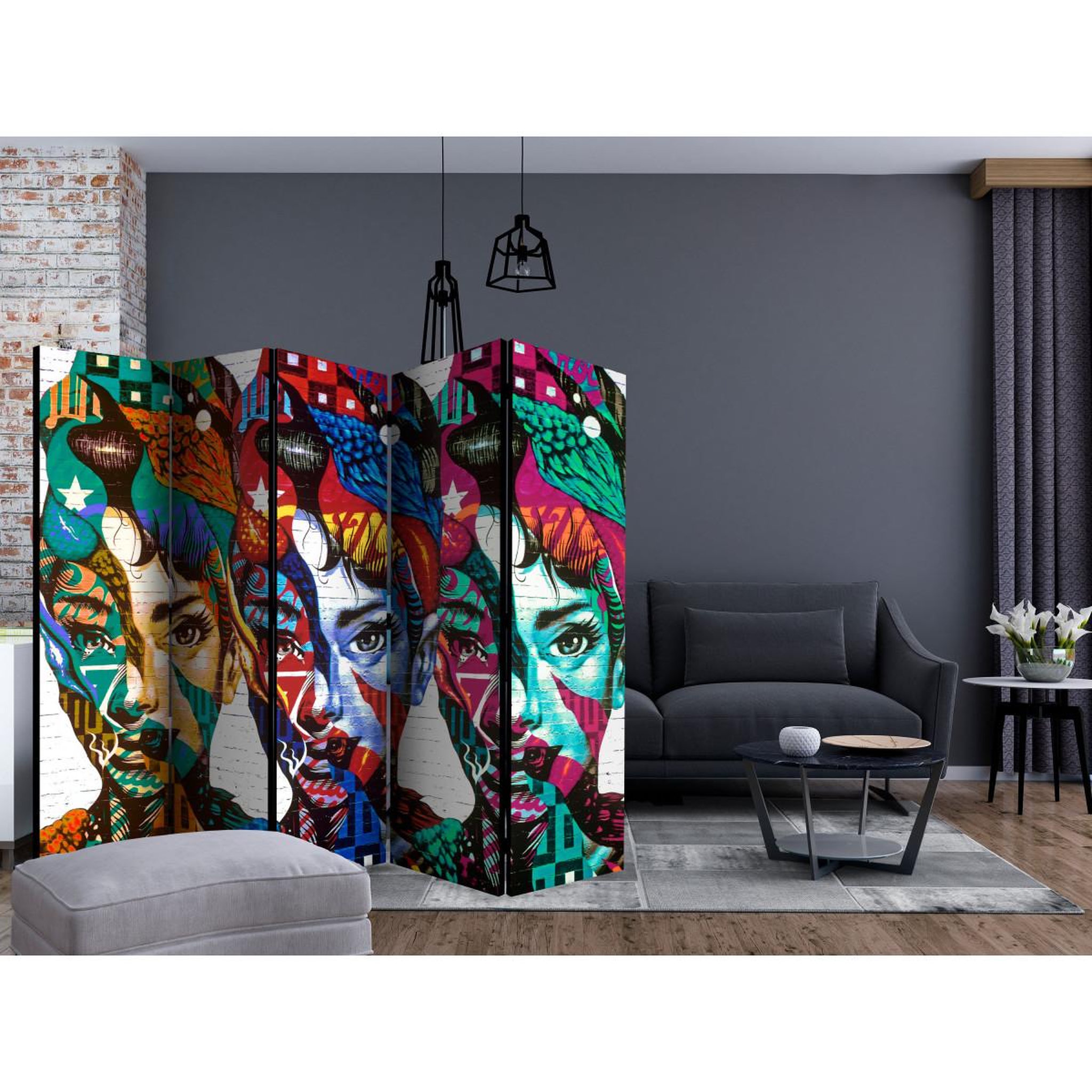 Voir la diapositive 2 : Paris Prix Paravent 5 volets  colorful faces  172x225cm