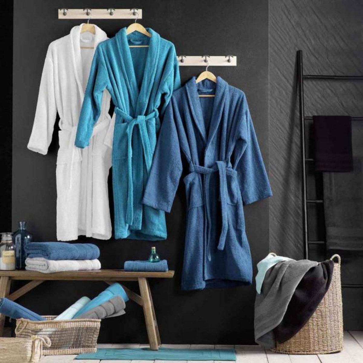 Paris Prix Peignoir Col Châle en Coton  Tendresse  Saphir