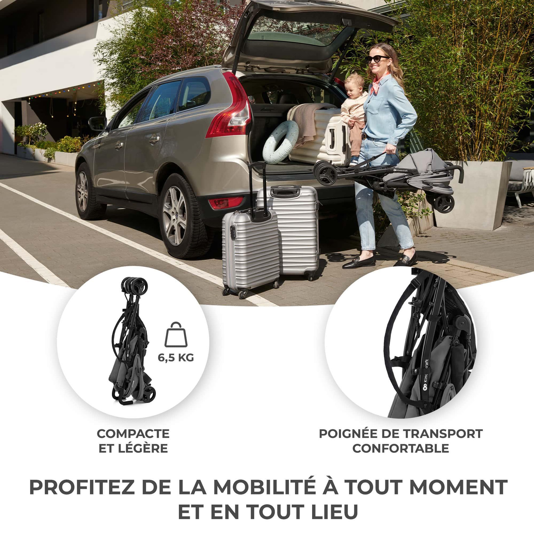 Voir la diapositive 2 : KINDERKRAFT Poussette légère de voyage pliable avec dossier réglable