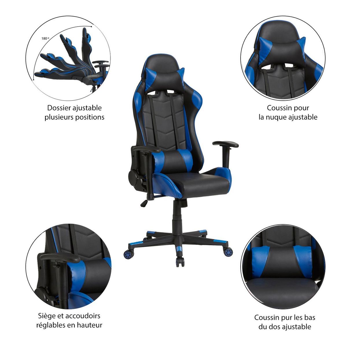 VS VENTA-STOCK Fauteuil de bureau Gaming Racer professionnel Bleu, inclinaison et hauteur réglable