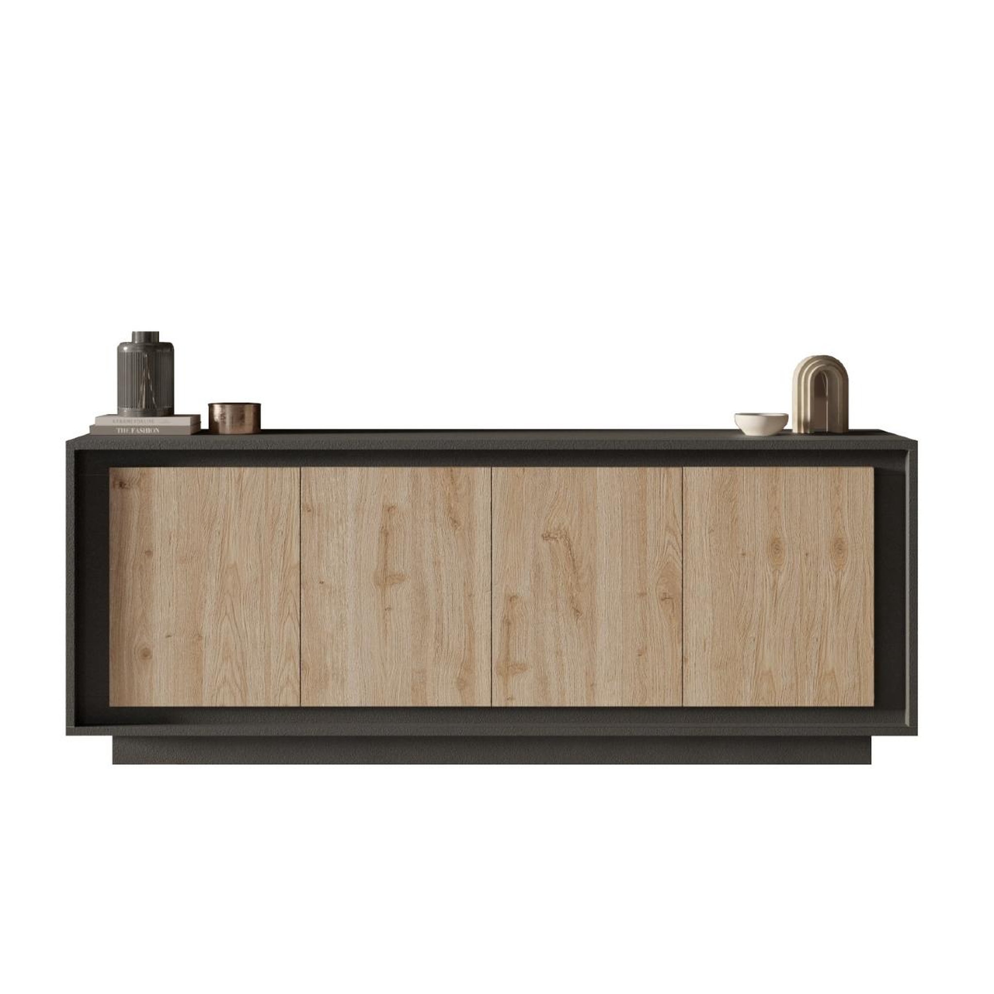 JLC KREATION Buffet bas contemporain 4 portes gris et bois naturel yori