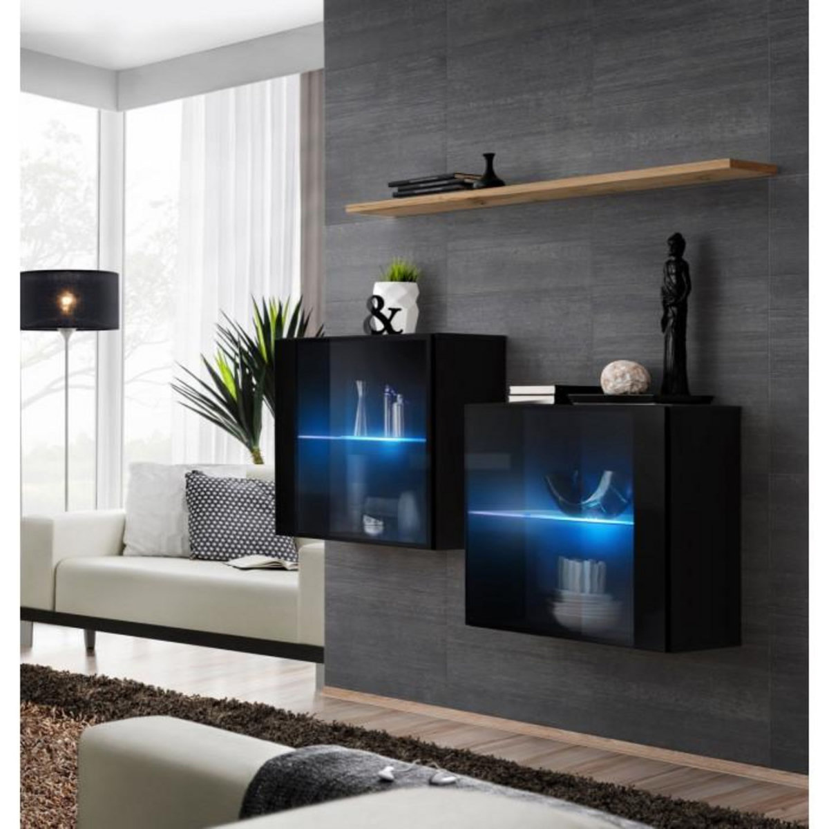 Paris Prix Lot de 2 Vitrines Murales & Étagère  Switch SBIII  130cm Noir & Naturel