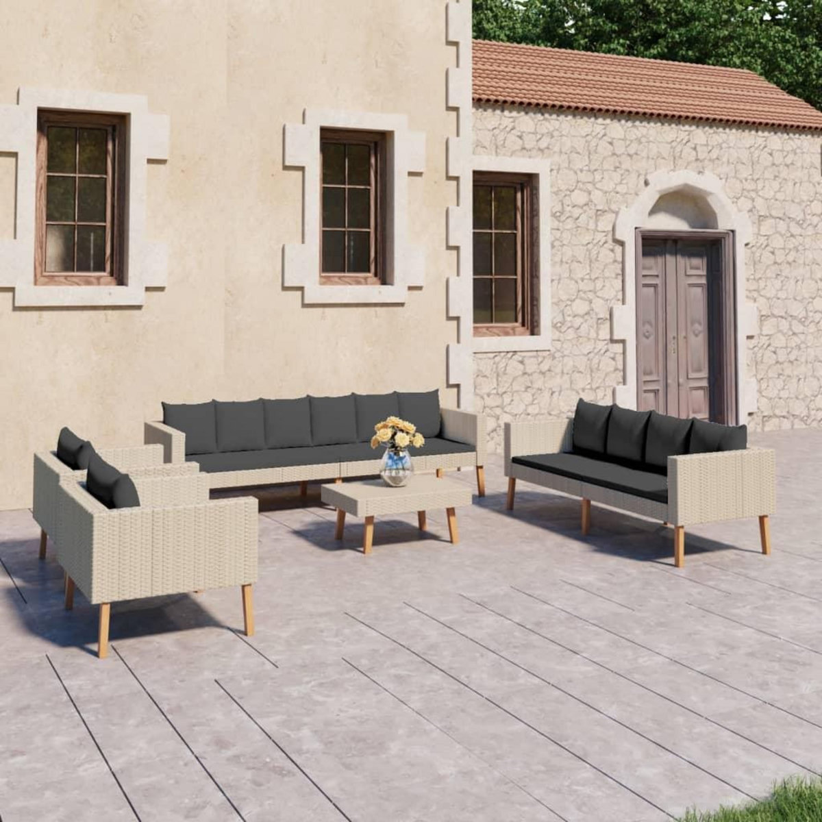 VIDAXL Salon de jardin 5 pcs avec coussins Resine tressee Beige