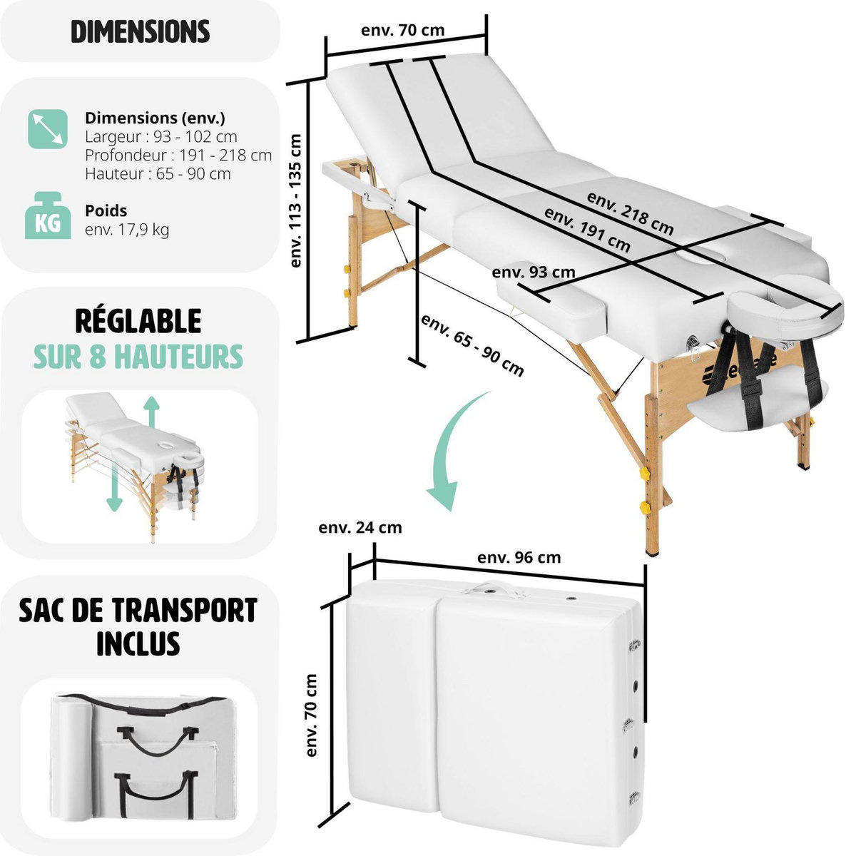 tectake Table de massage Somwang 3 zones avec rembourrage de 7,5cm et châssis en bois