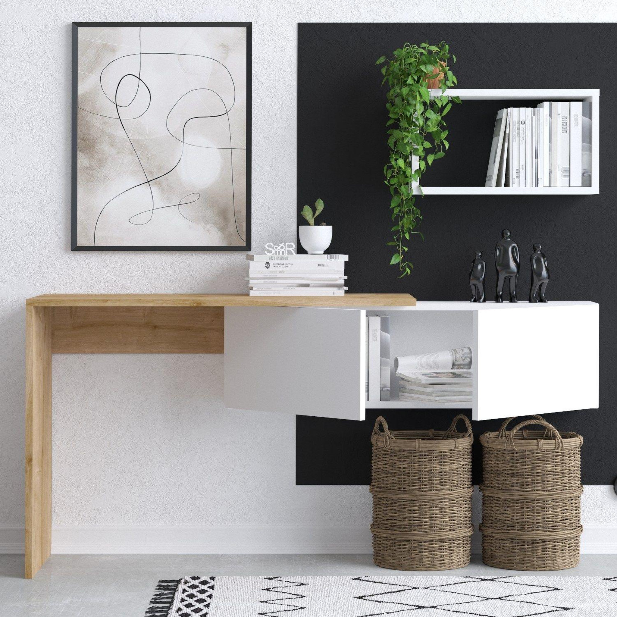 Voir la diapositive 4 : TOILINUX Bureau design asymétrique avec rangement mural tulum - beige