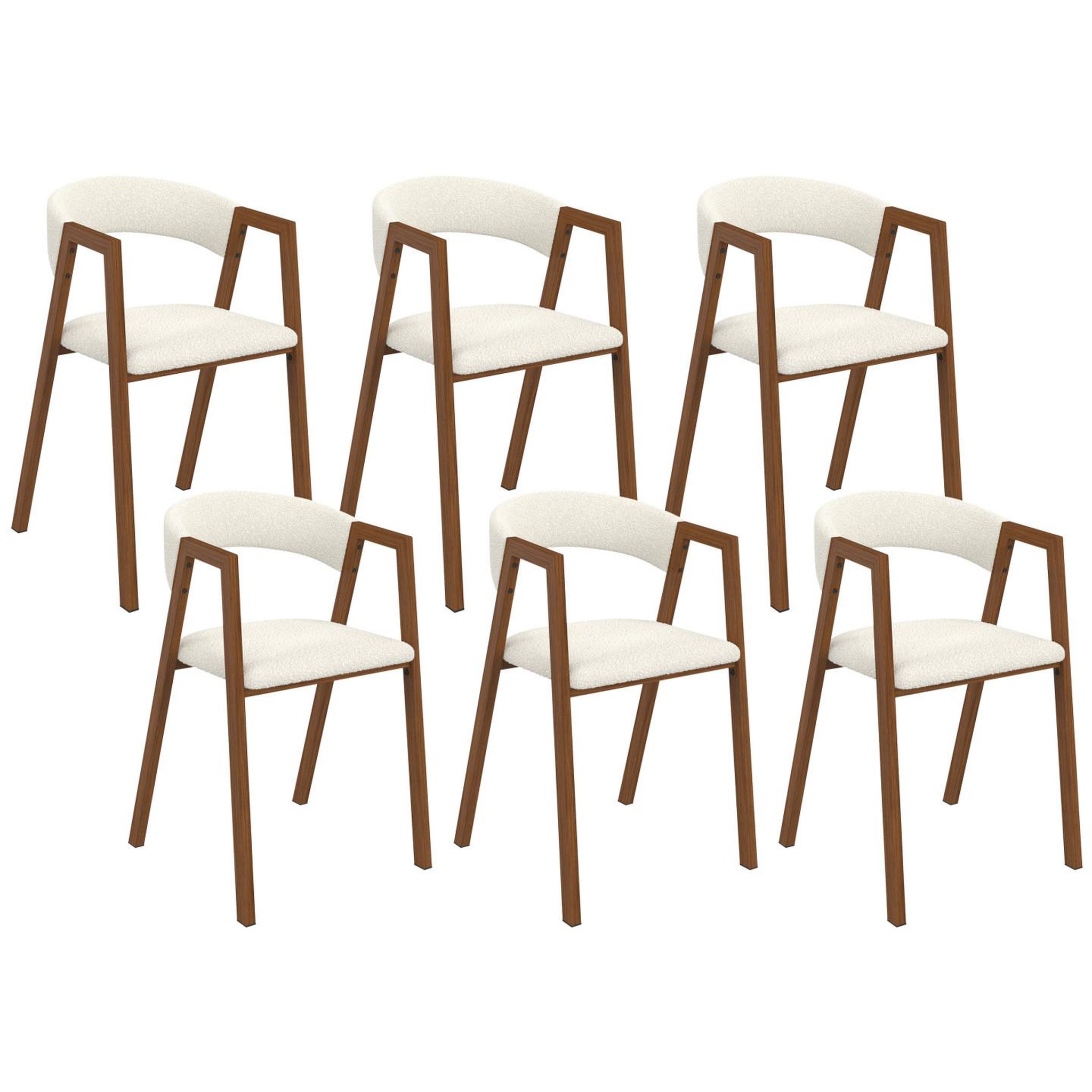 ID MARKET Lot de 6 chaises CAMILLE en métal effet noyer et tissu bouclette avec accoudoirs
