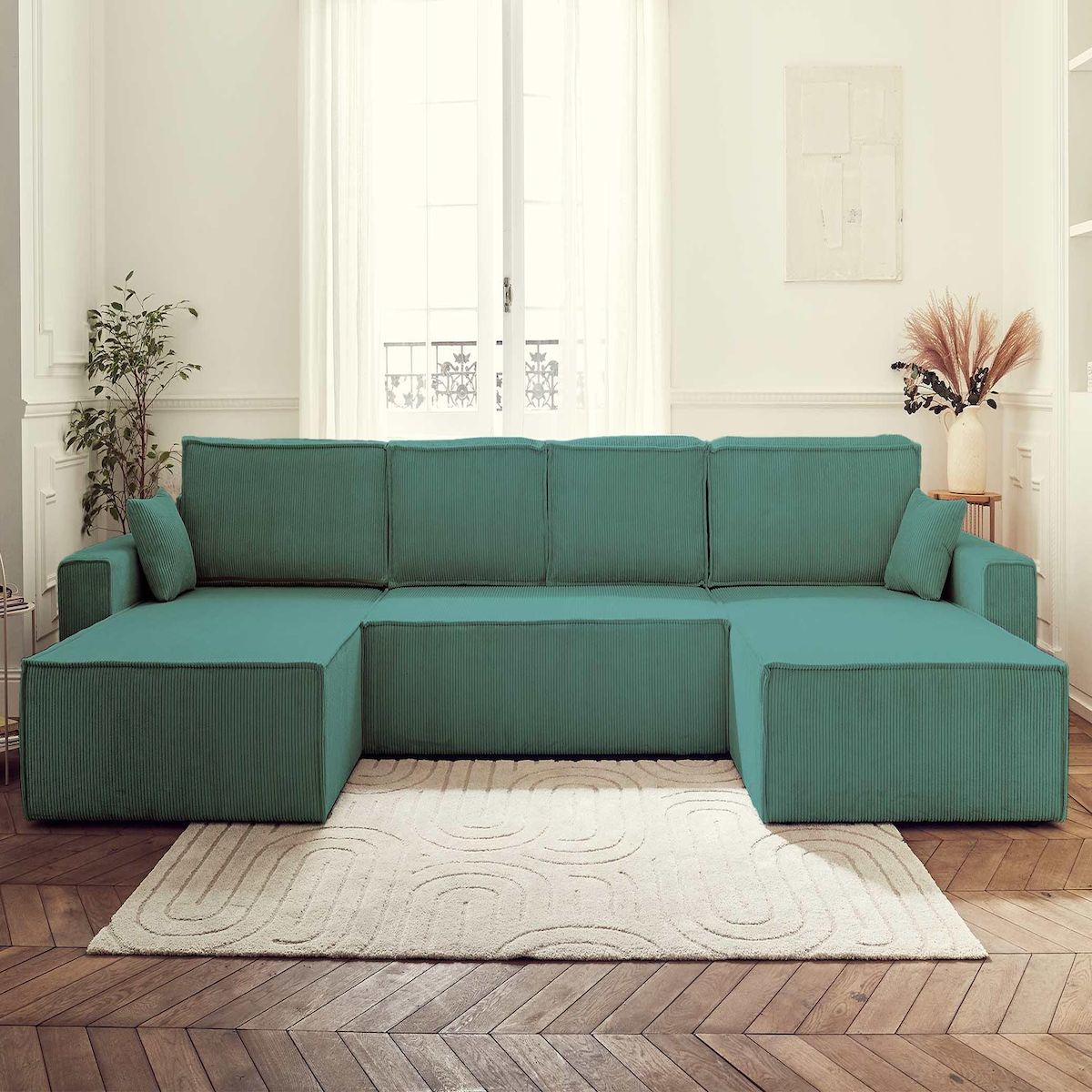 BEST MOBILIER Dellia - canapé panoramique en u - 7 places - convertible - avec coffre - en velours côtelé