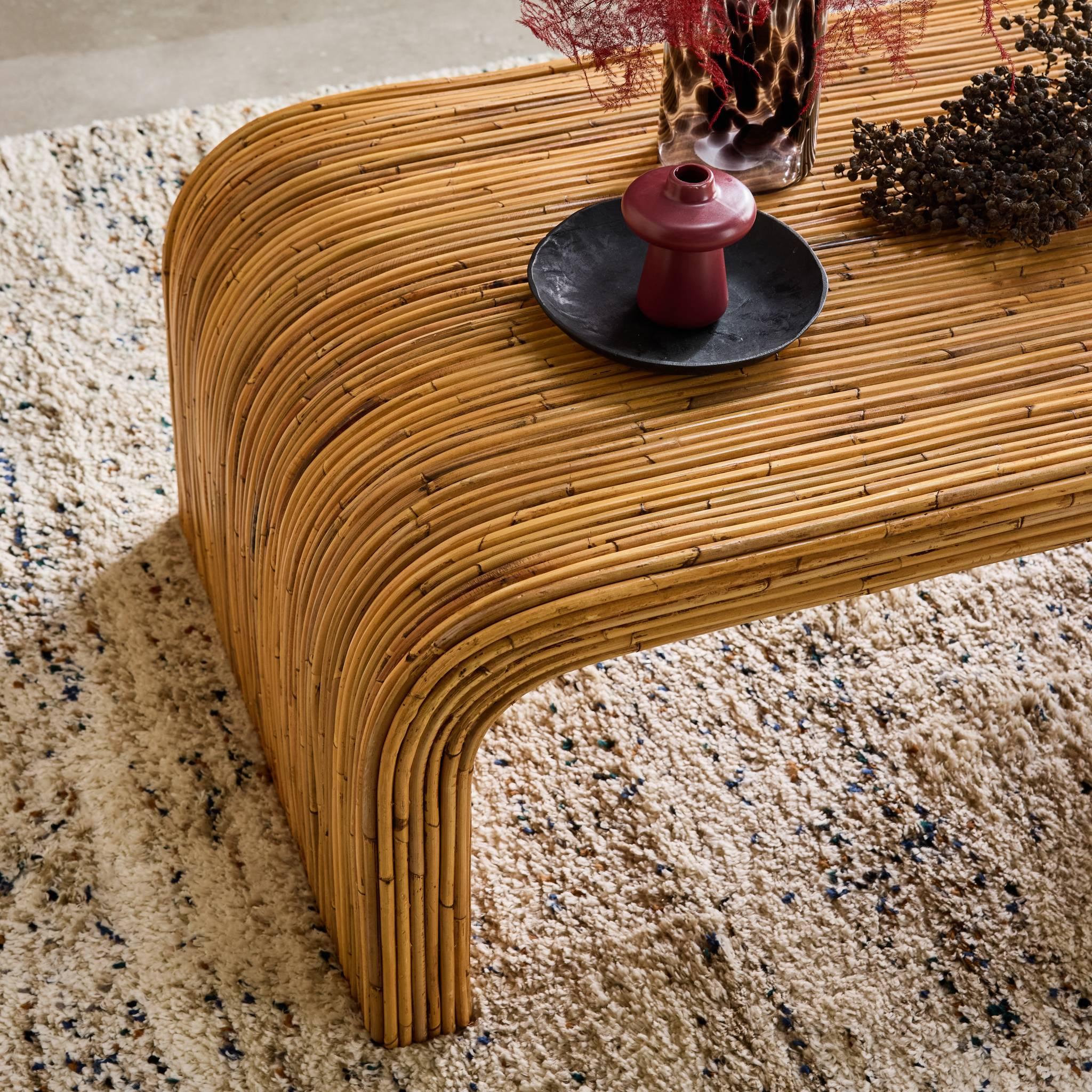 Voir la diapositive 3 : SWEEEK Table basse rectangulaire en rotin naturel. 110cm. bords arrondis. L 110 x P 60 x H 40cm
