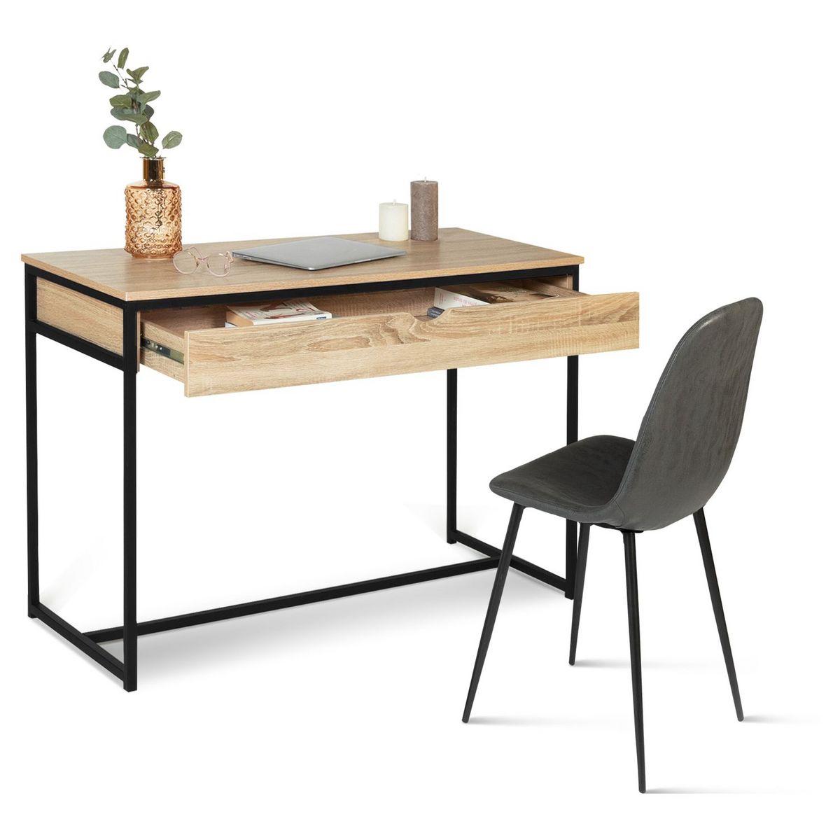 Bureau droit 1 tiroir style industriel pieds métal L110cm HOUSTON