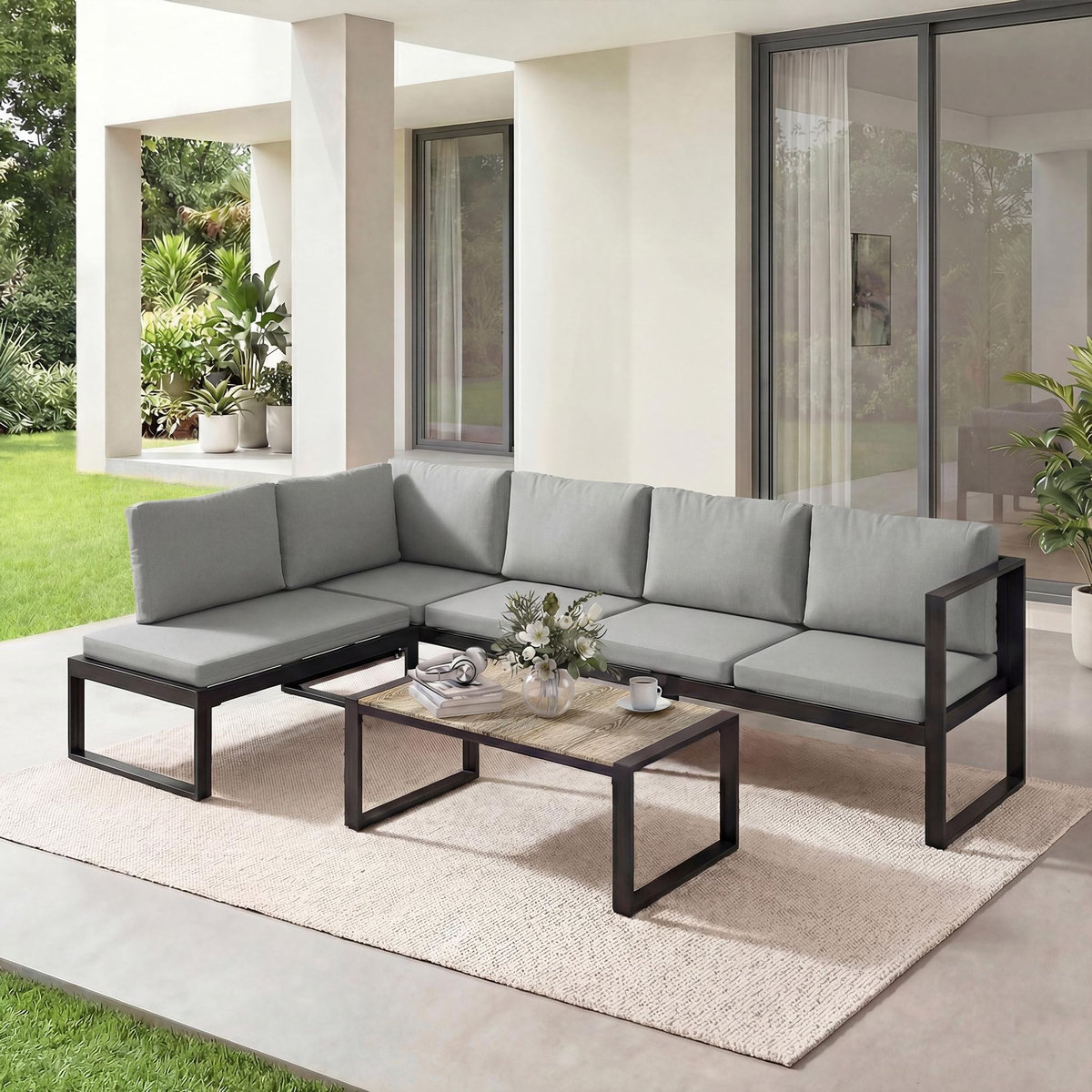 OUTSUNNY Salon de jardin d'angle 5 personnes design table basse coussins gris inclus
