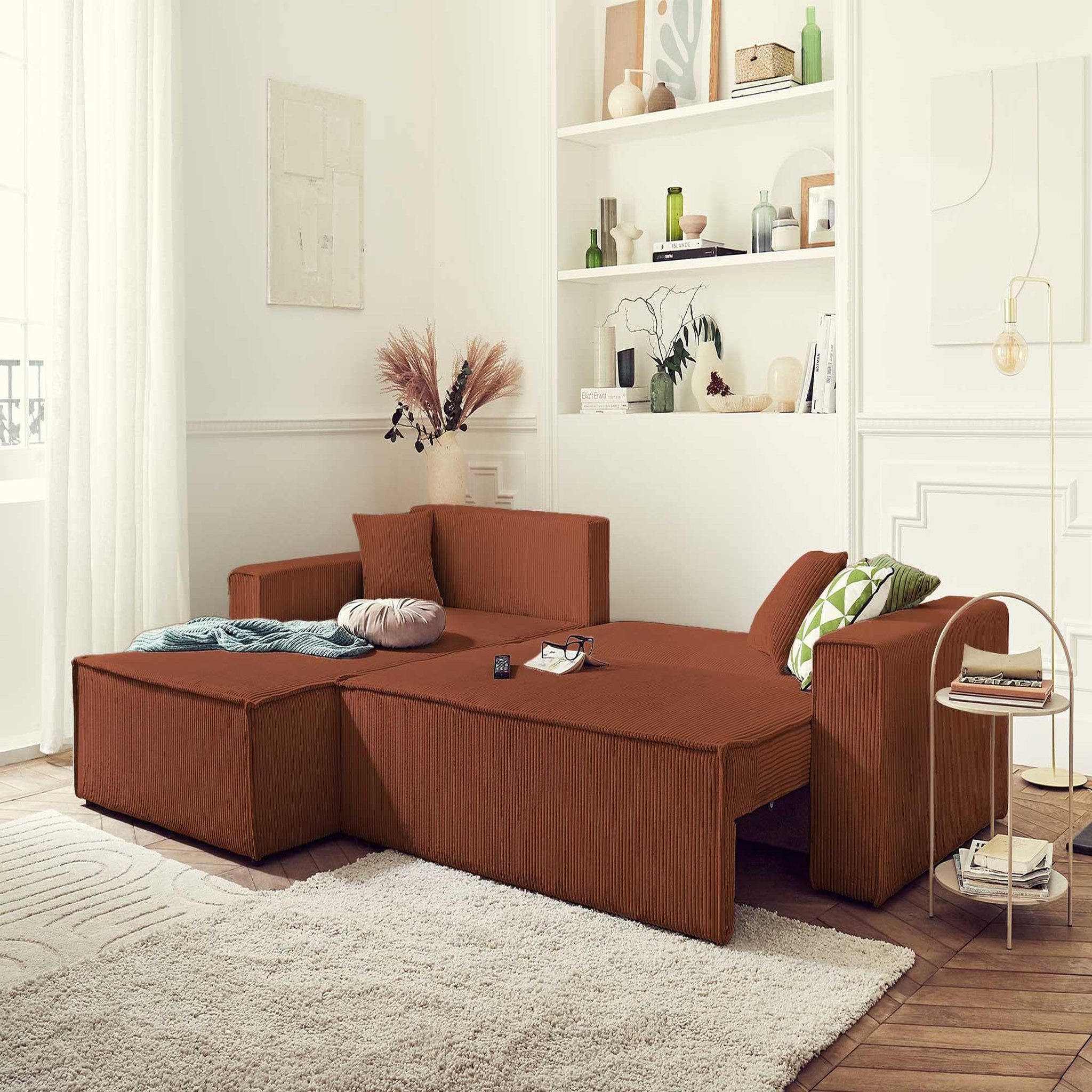 Voir la diapositive 2 : BEST MOBILIER Dellia - canapé d'angle réversible convertible - avec coffre - en velours côtelé - 4 places