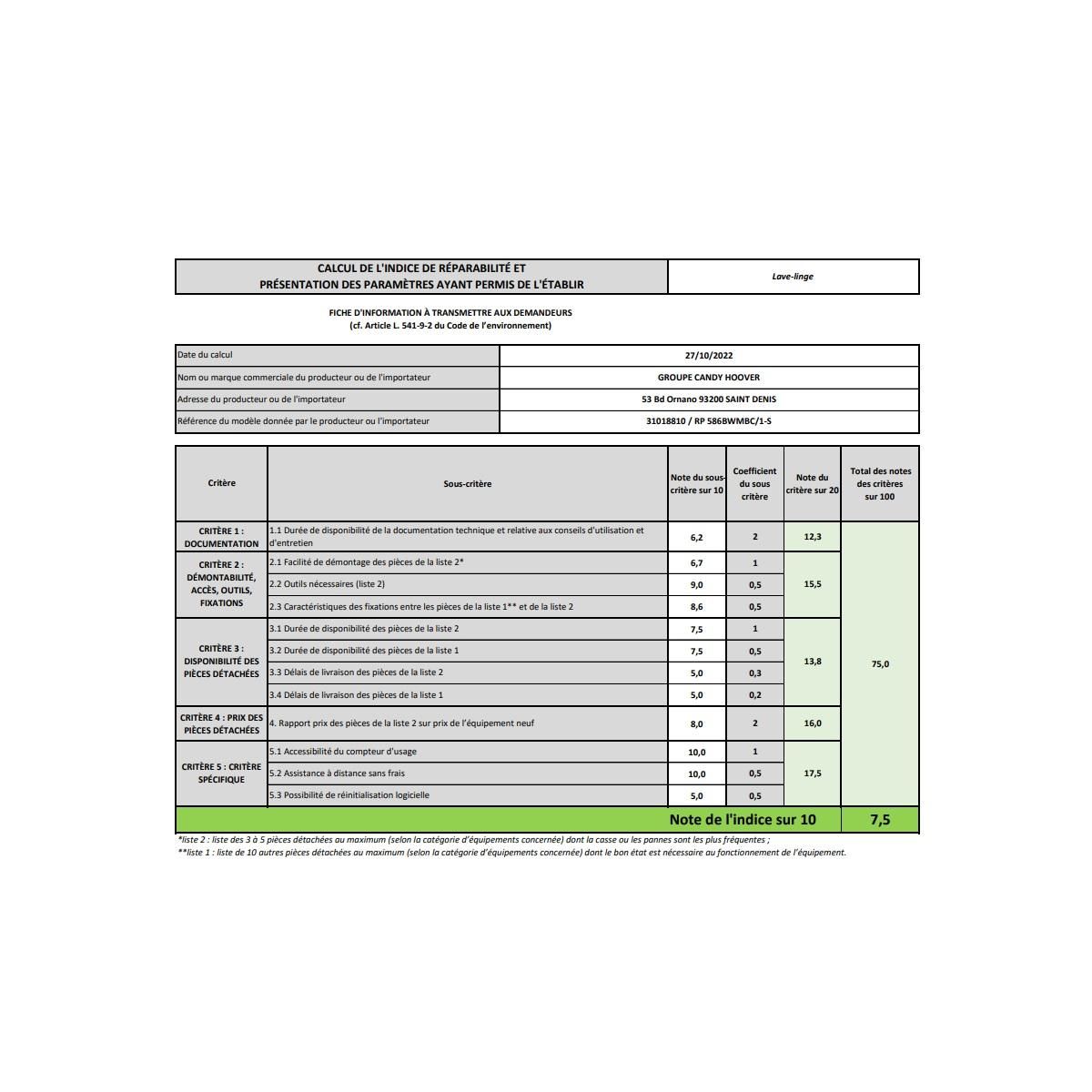 Candy Lave-linge frontal 8kg 1500 tours/min - RP586BWMBC/1-S