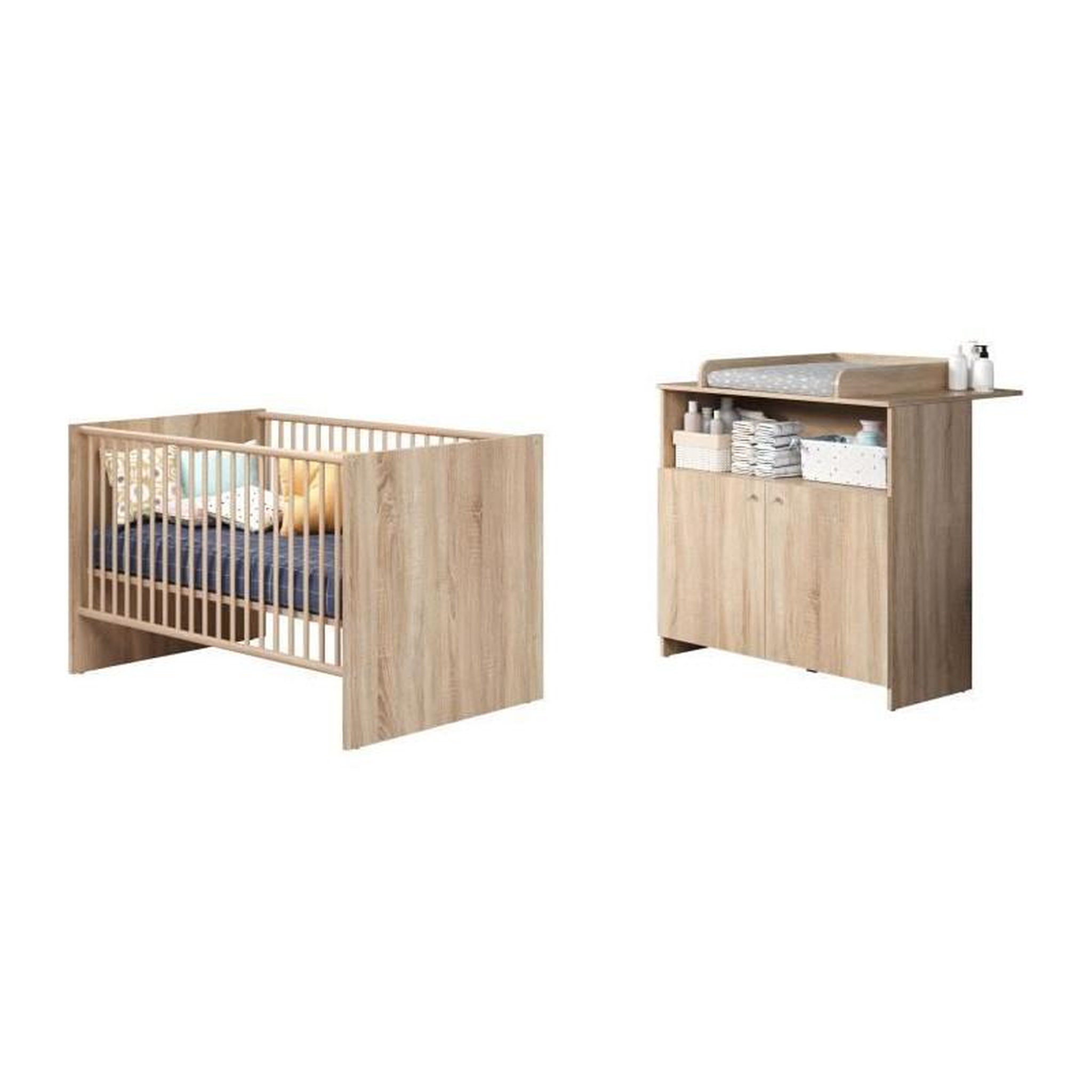 Voir la diapositive 2 : TREND TEAM Chambre bébé duo NIKO - Lit 70x140 cm + Commode a langer 2 portes - Décor chene naturel - TRENDTEAM