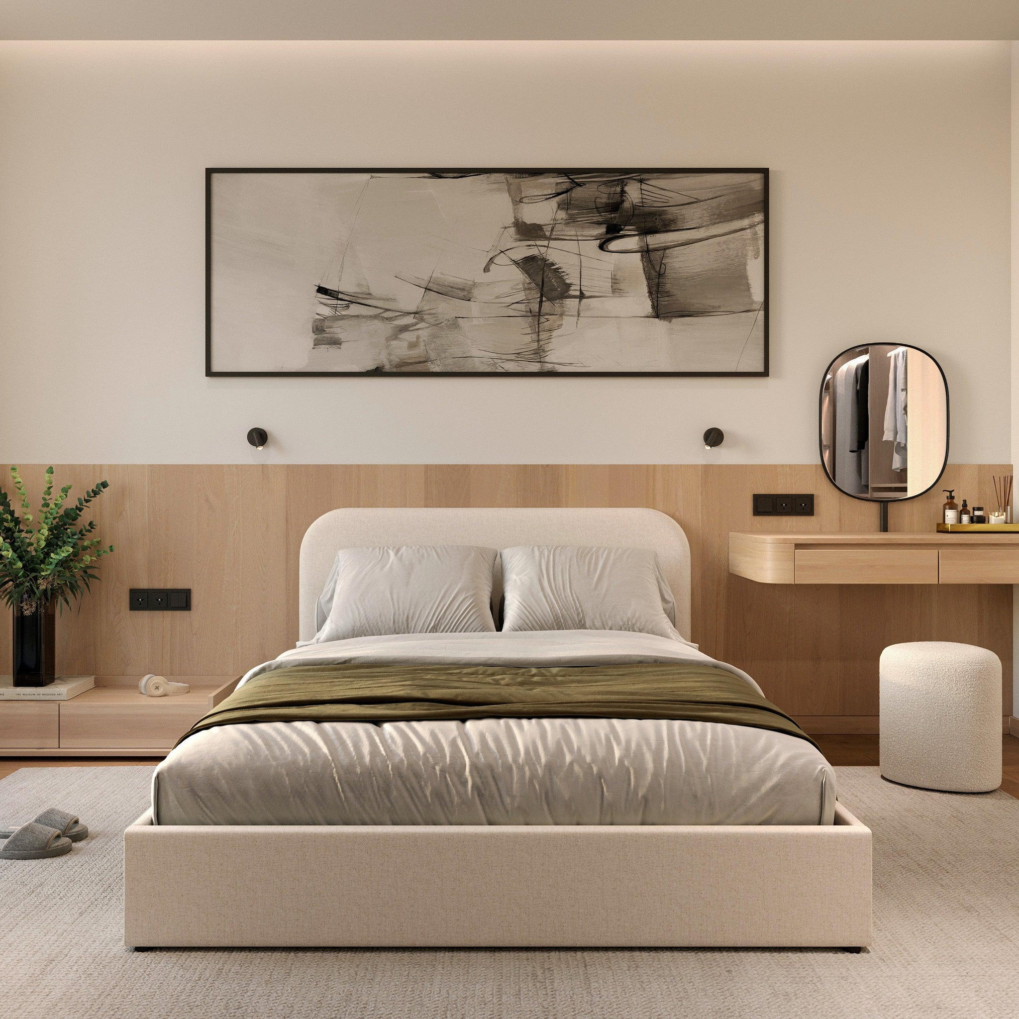 Voir la diapositive 5 : MAISON PAVANE Lit double avec coffre 140x190 cm en tissu gris/beige-tilly