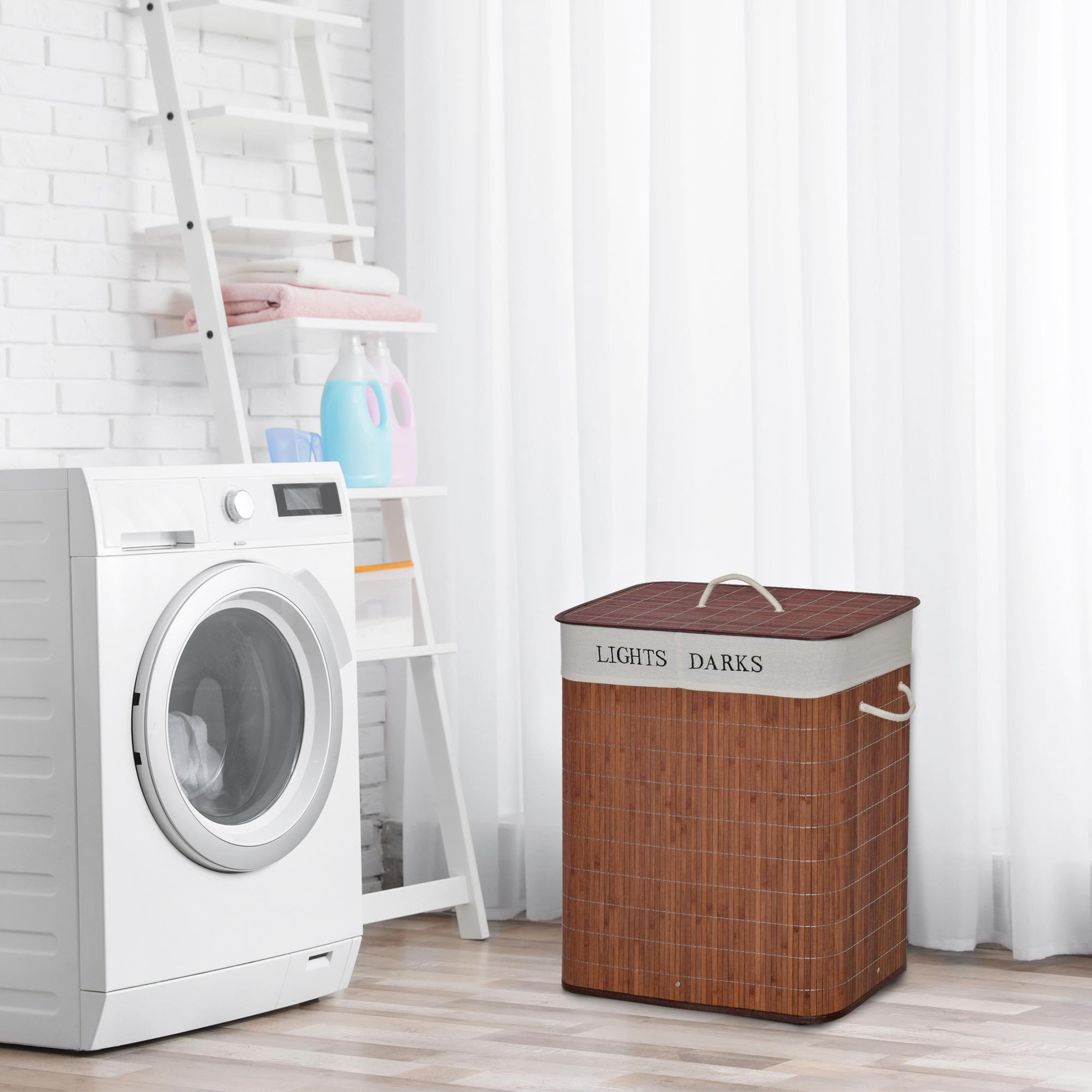 Voir la diapositive 2 : HOMCOM Panier à linge corbeille à linge 2 bacs bambou pliable couvercle poignée sac amovible en toile