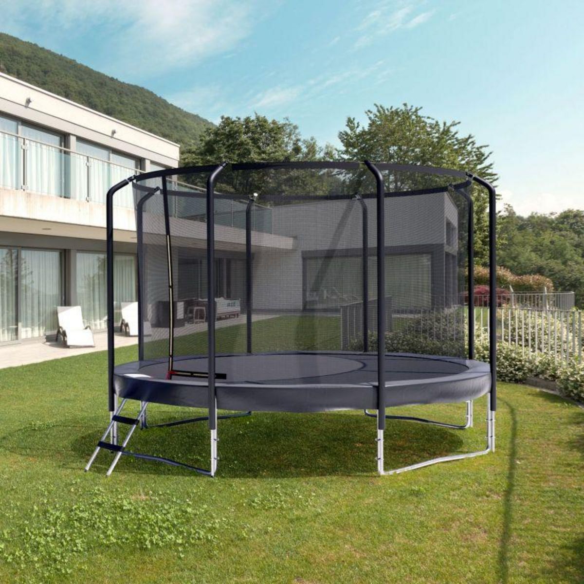 JUMP4FUN Trampoline Semi-Pro 14FT / 427cm Noir avec Filet de sécurité, Tapis de saut, Coussin de protection, Echelle