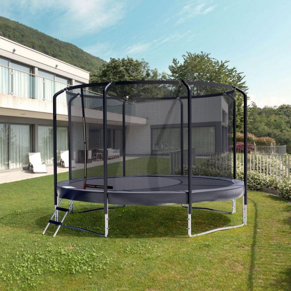 JUMP4FUN Trampoline Semi-Pro 14FT / 427cm Noir avec Filet de sécurité, Tapis de saut, Coussin de protection, Echelle