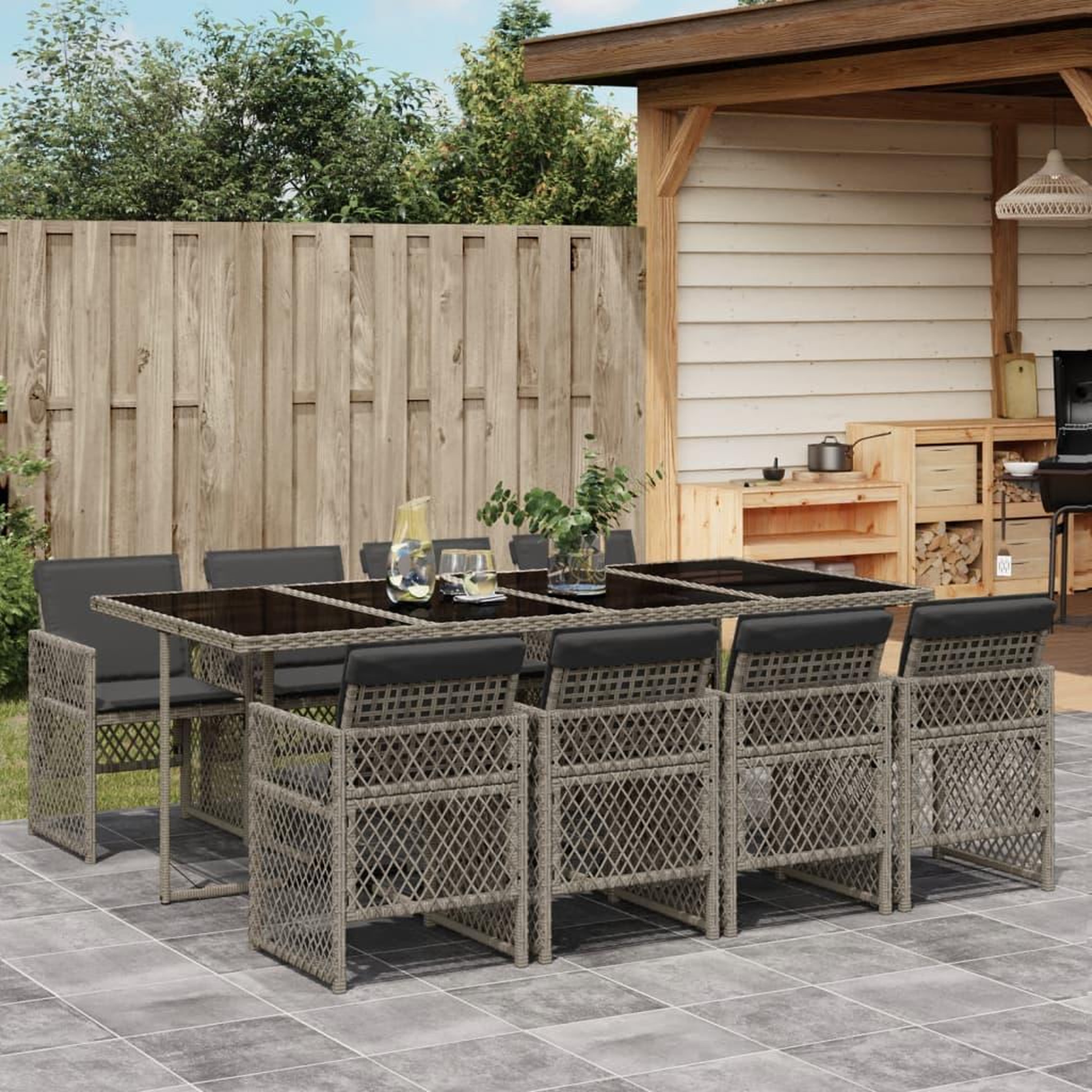 VIDAXL Ensemble a manger de jardin 9 pcs coussins gris resine tressee