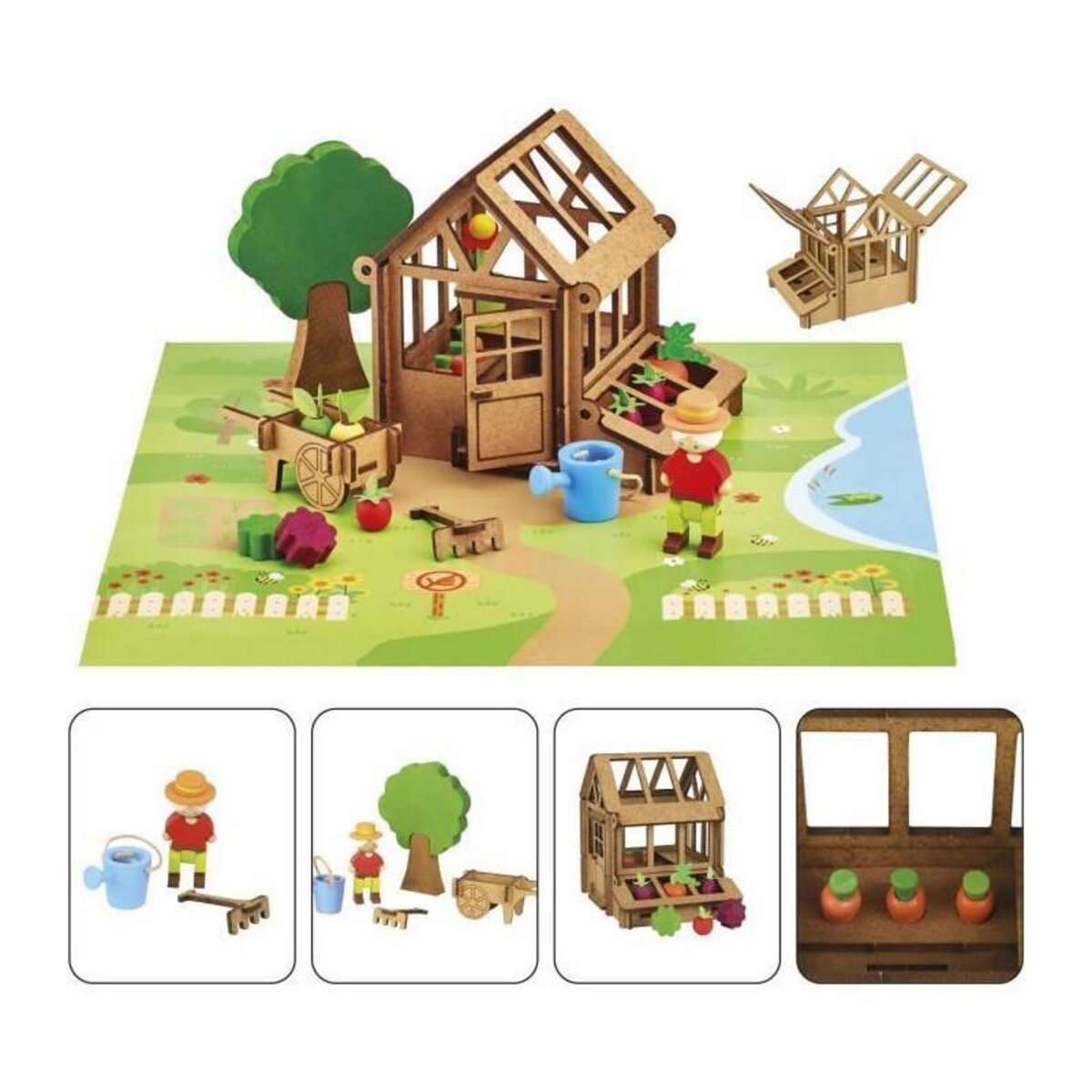 JeuJura La Serre du Jardinier 40 Pieces - JEUJURA - Jeu de Construction en Bois Naturel, Tapis et Accessoires Inclus, 22x18,5x8,5 cm