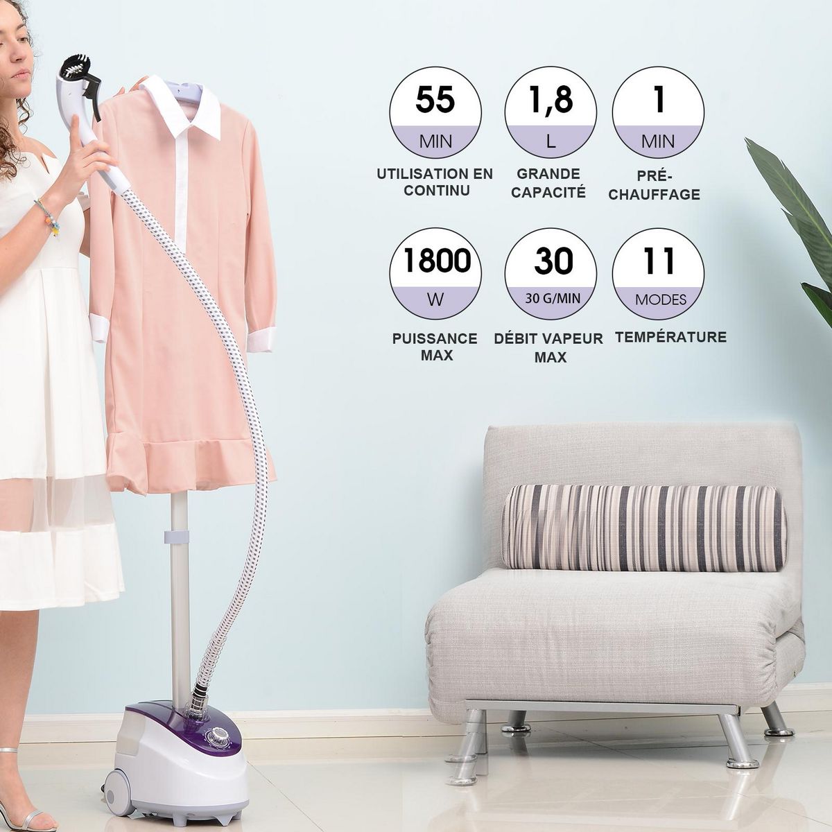 HOMCOM HOMCOM Défroisseur vapeur vertical défroisseur à vêtements 1,8 L 1800 W débit vapeur 30g/min tige telescopique blanc violet