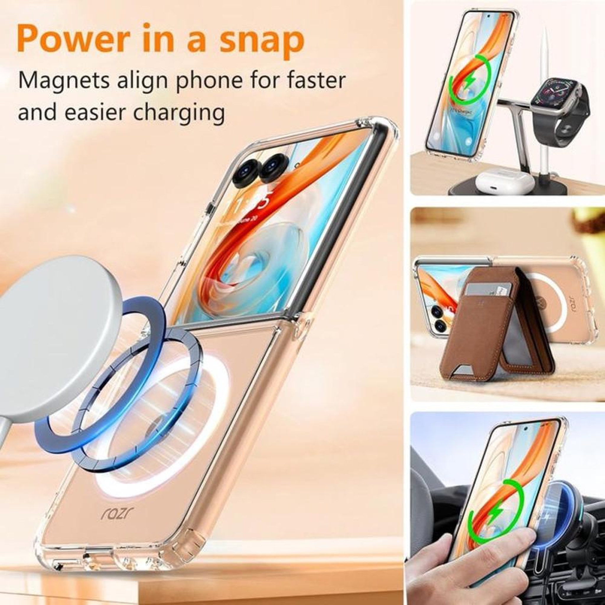 Voir la diapositive 2 : Coque téléphone magnétique transparente pour Motorola Razr Plus 2024, bords surélevés, protection caméra, fermeture pliable et anti-rayures