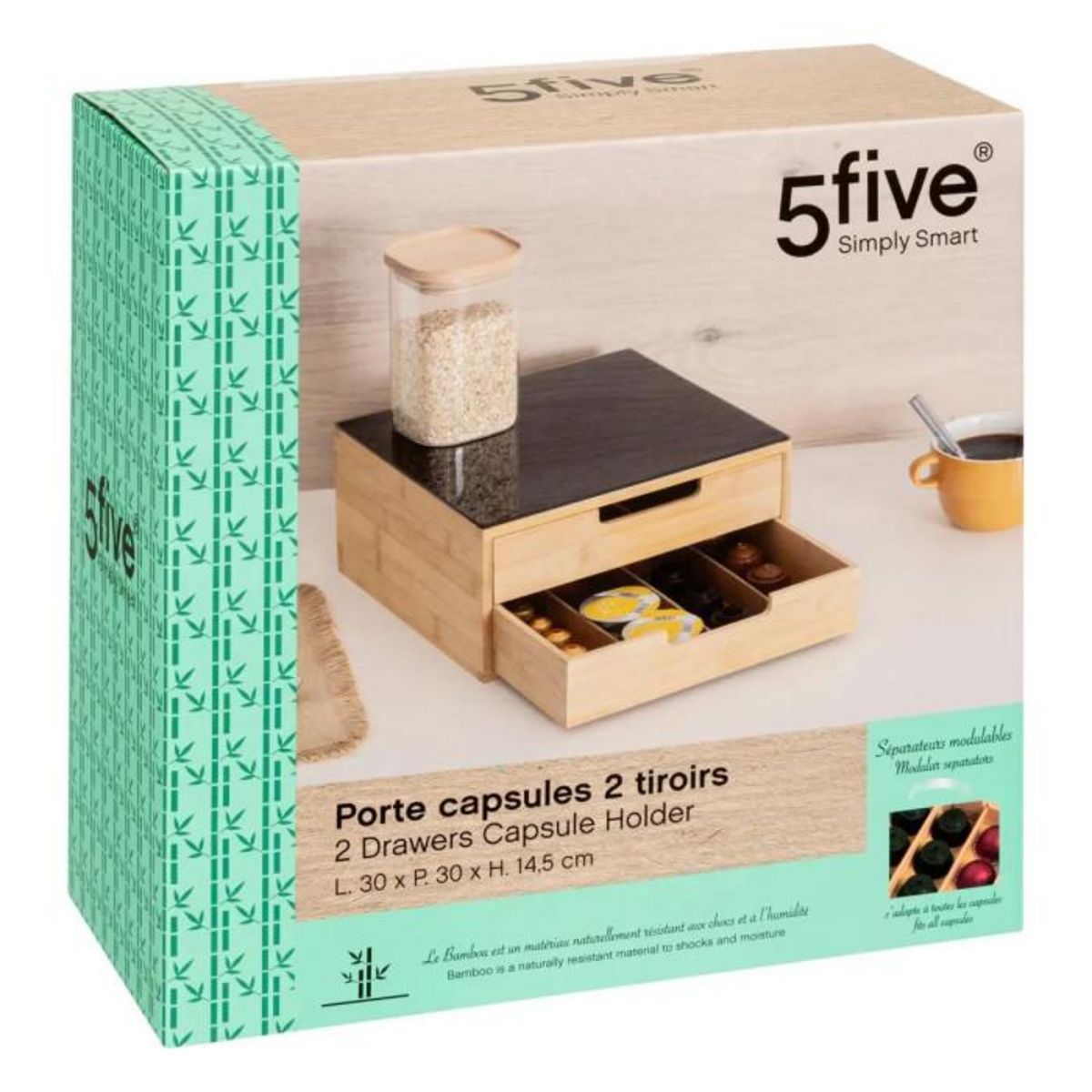 FIVE Porte-Capsules 2 Tiroirs  Black Bambou  30cm Naturel