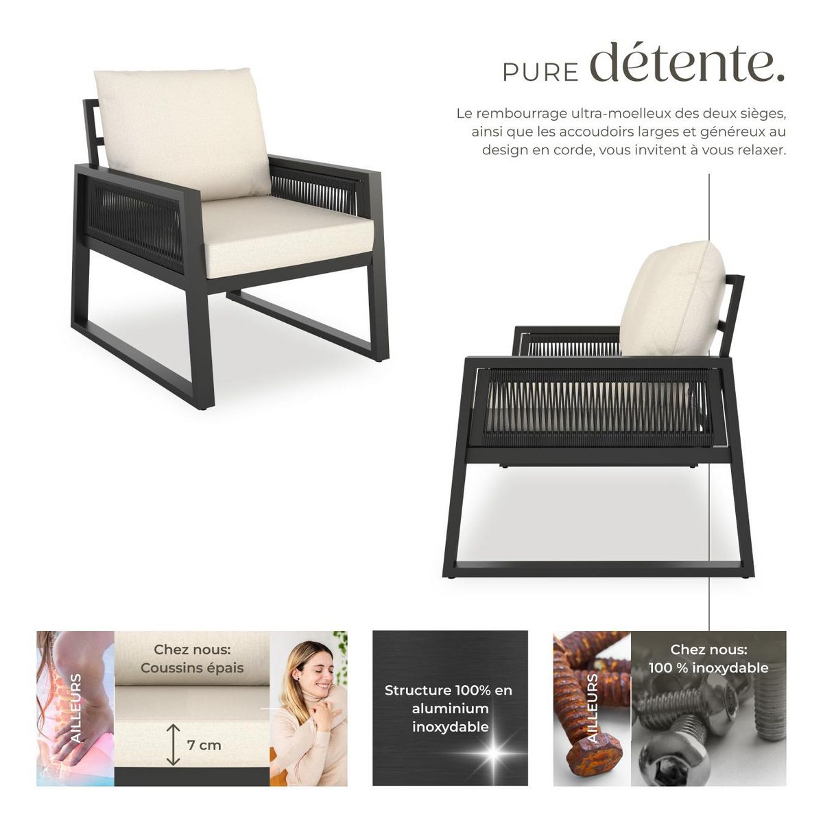 tectake Ensemble de salon de jardin Een design corde avec structure en aluminium gris anthracite