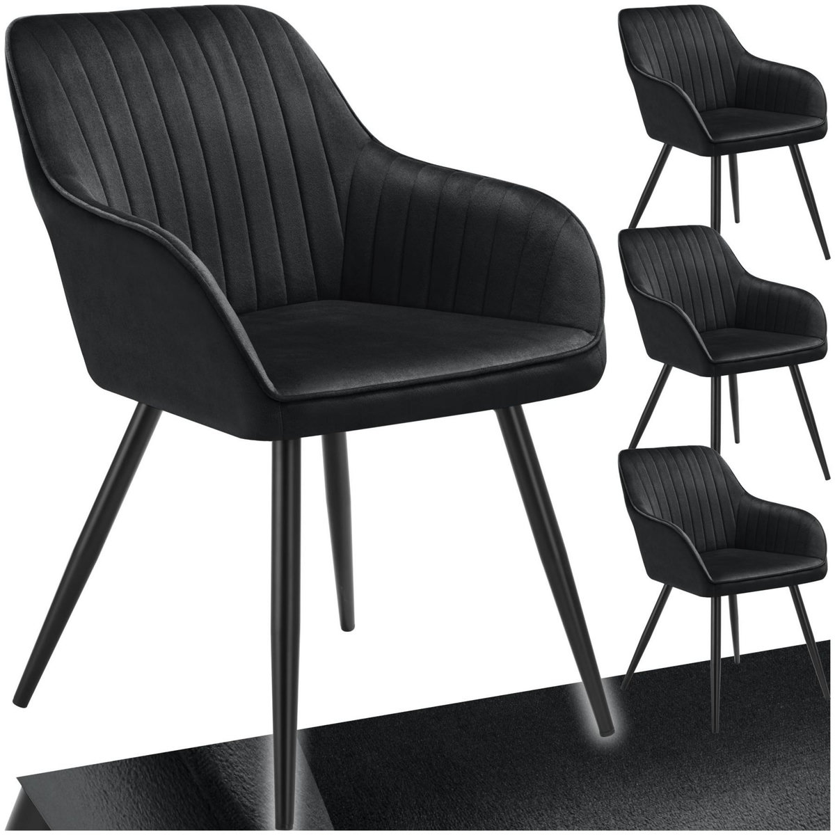 tectake Chaise de salle à manger en velours matelassée et capitonnée noir/noir Lot de 4