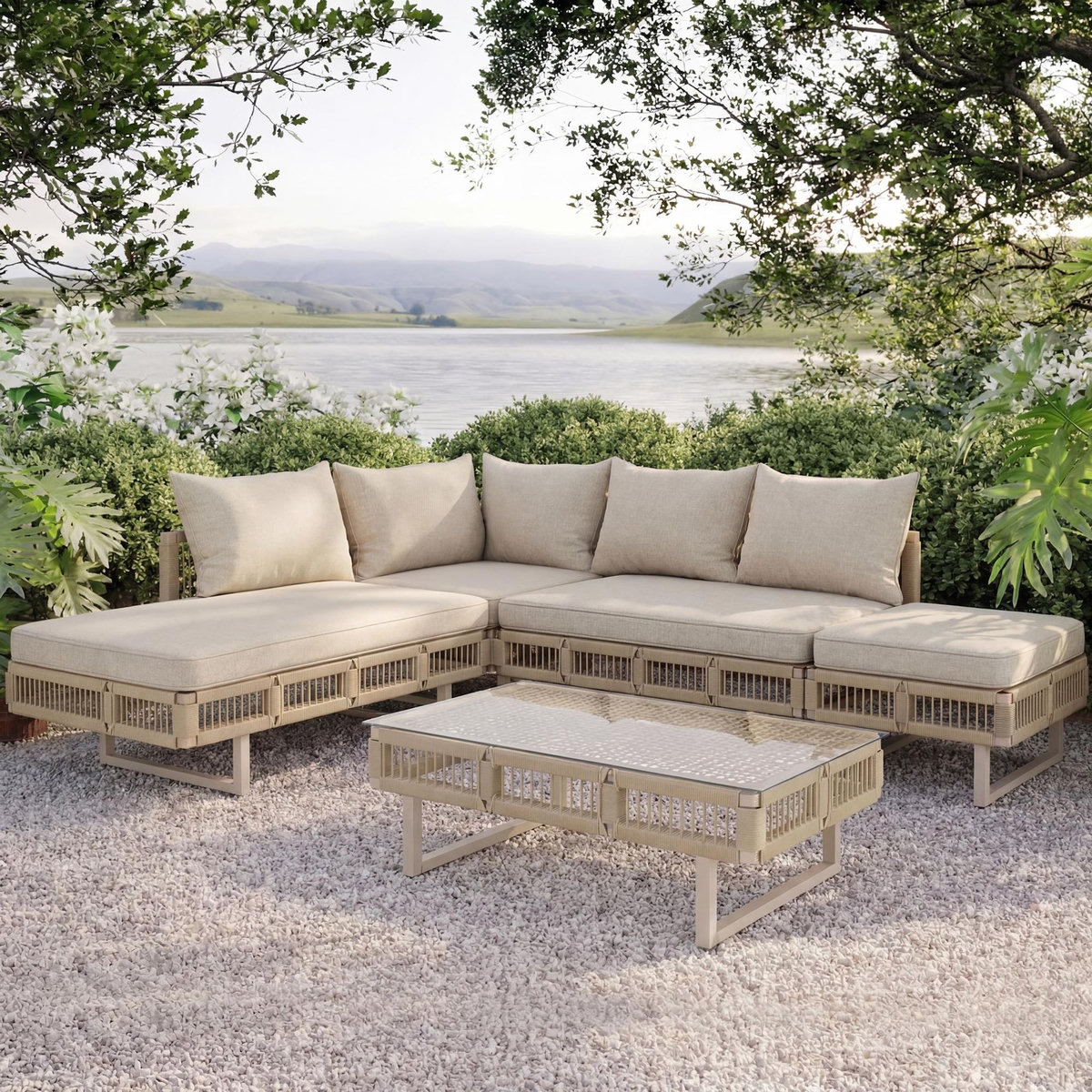 MERAX Salon de jardin modulaire pour 5-6 personnes en fer, avec coussins épais et table en verre