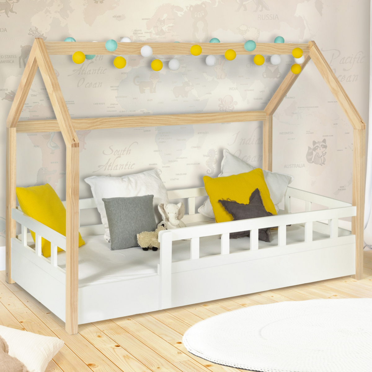 ID MARKET Lit cabane enfant 80 x 160 CM NEREE blanc et hêtre avec sommier et barrières