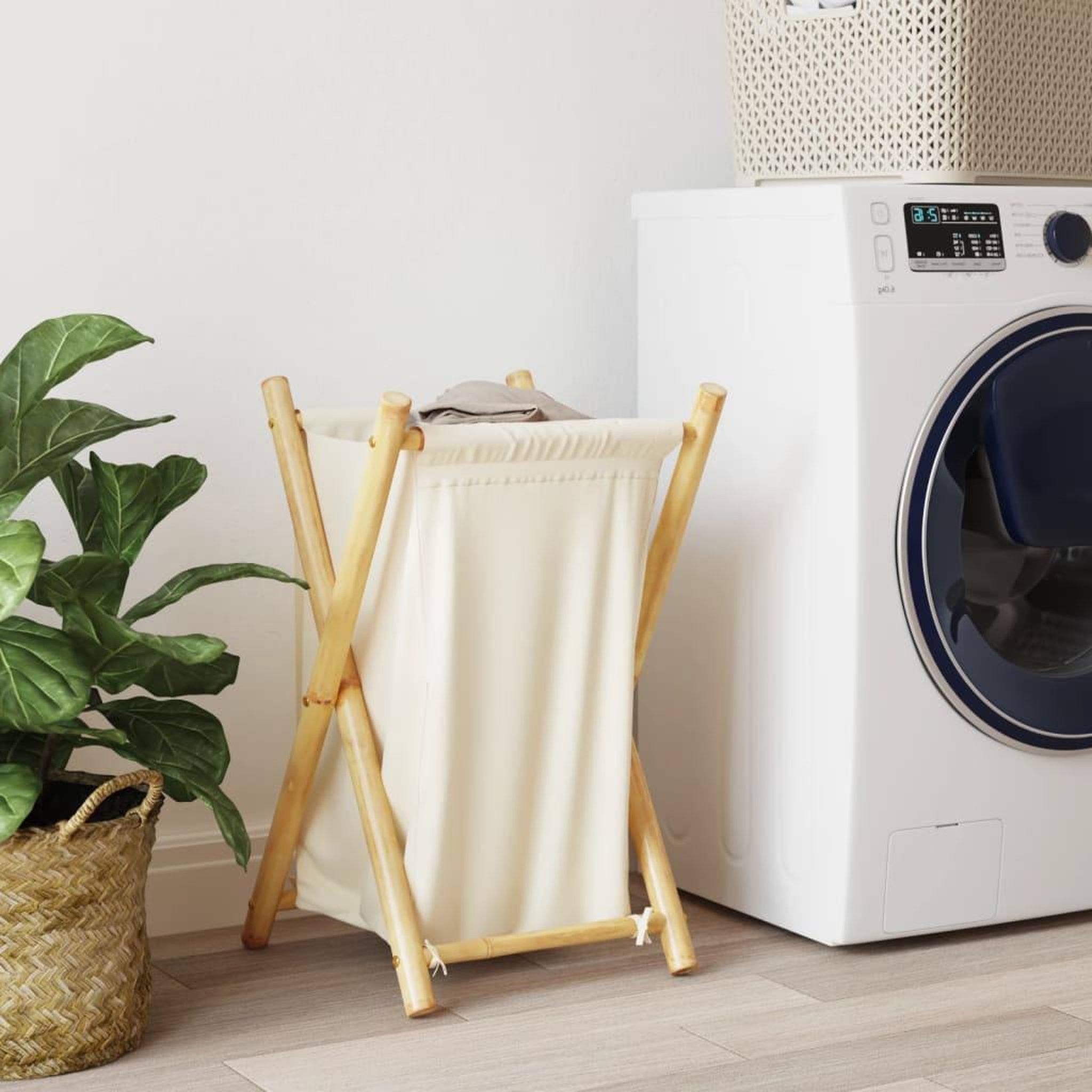 Voir la diapositive 3 : VIDAXL Panier a linge blanc creme 41,5x36x63,5 cm bambou