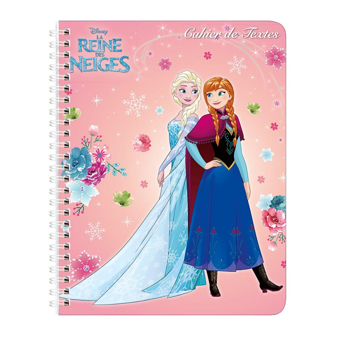 Cahier de texte à spirale fille 17x22cm 148 pages Reine des neiges Anna et Elsa rose avec fleurs