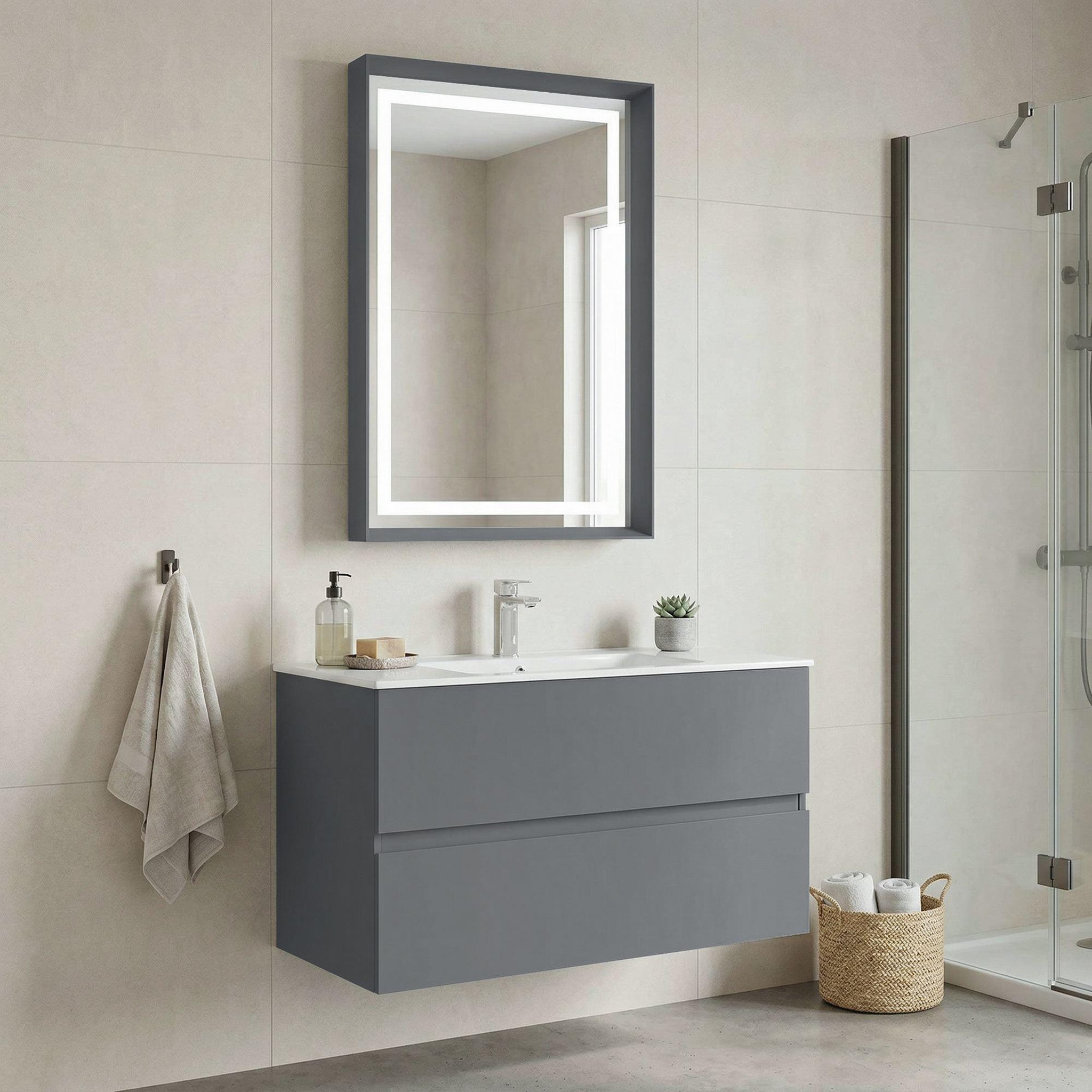 Voir la diapositive 2 : Habitat et Jardin Meuble avec simple vasque et miroir  Nest 91 v2  - 91 x 51 x 55 cm - Matte Grey