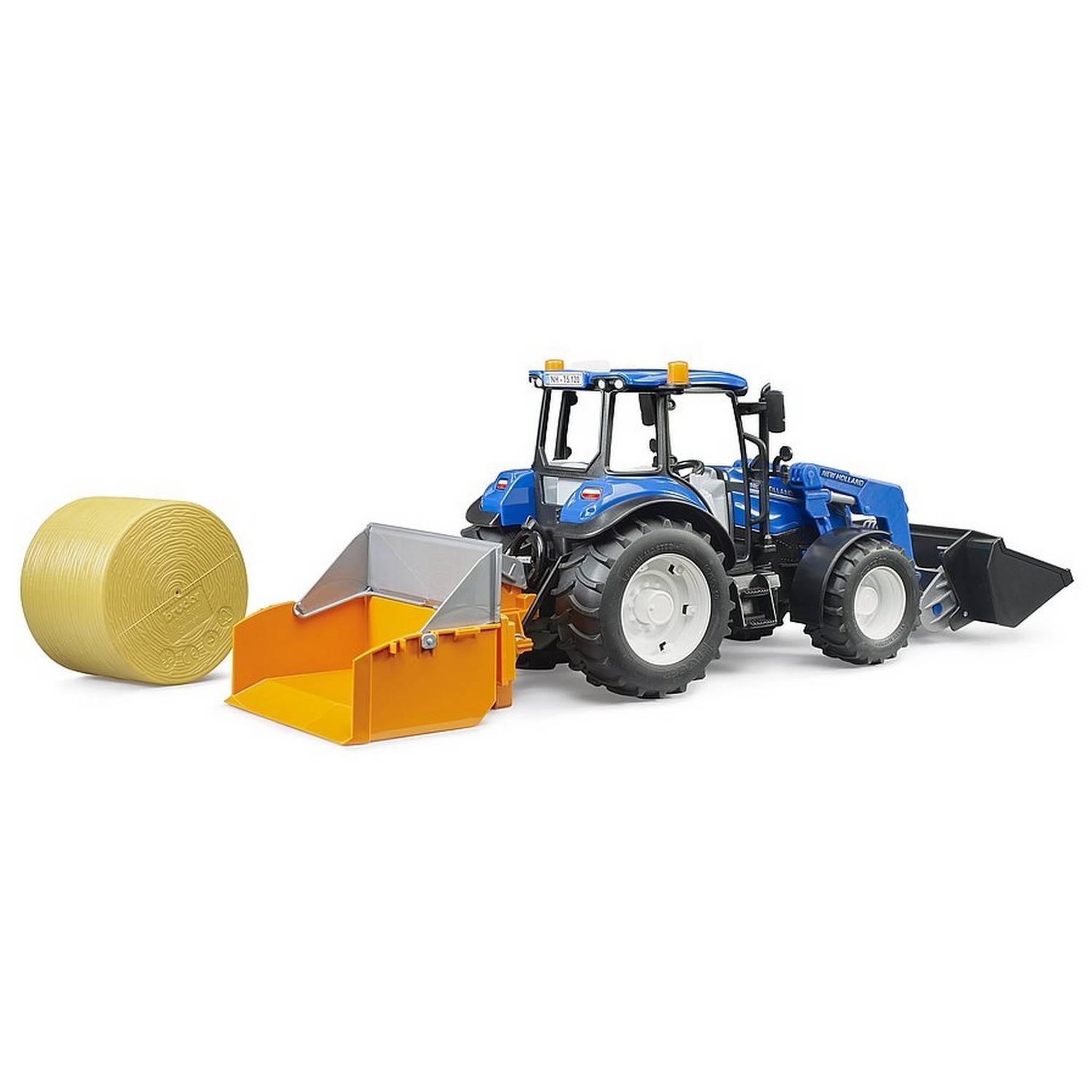 Voir la diapositive 3 : Bruder Tracteur New Holland T5. 120 avec chargeur avant, coffre de chargement et fourches