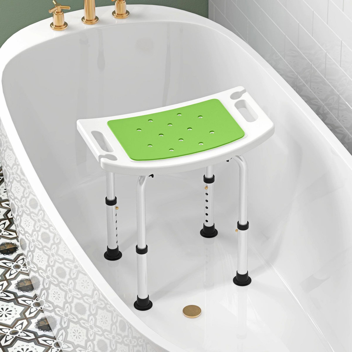 HOMCOM Siège de douche réglable en hauteur tabouret de douche ergonomique pieds antidérapants charge max. 135 Kg alu HDPE blanc vert