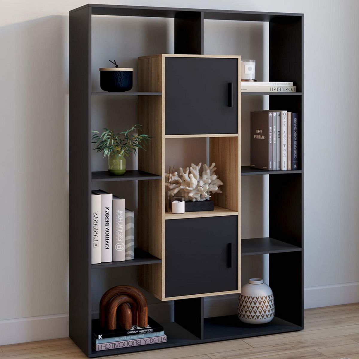 ID MARKET Etagère bibliothèque COLETTE avec 11 compartiments et 2 cases noir et effet bois 143 cm