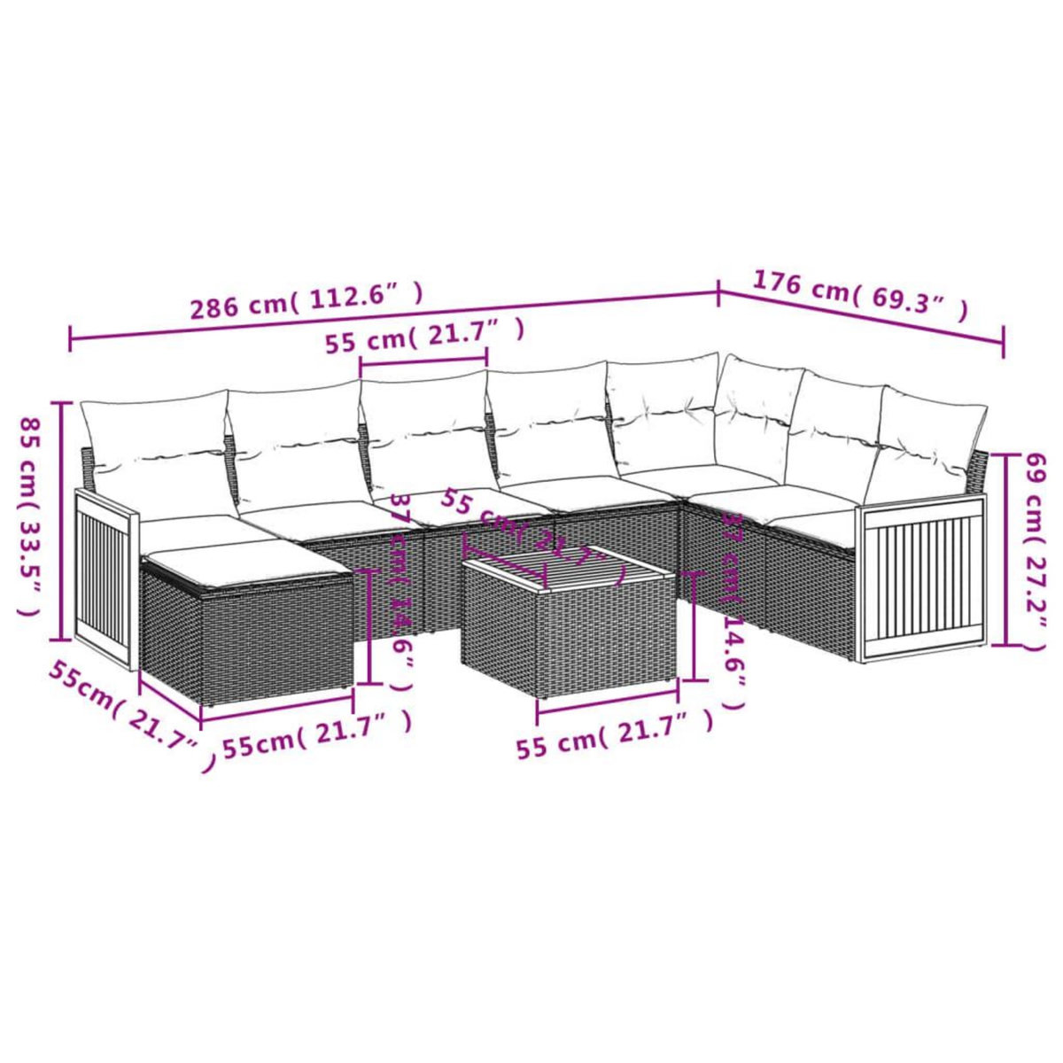 VIDAXL Salon de jardin 9 pcs avec coussins noir resine tressee