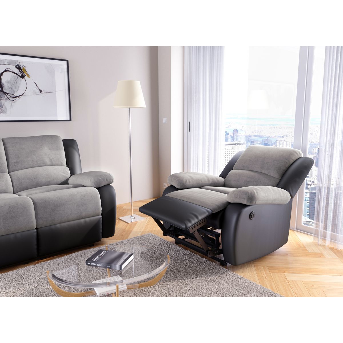 Fauteuil relax électrique tissu pu  et microfibre coloris gris/noir  HELENA