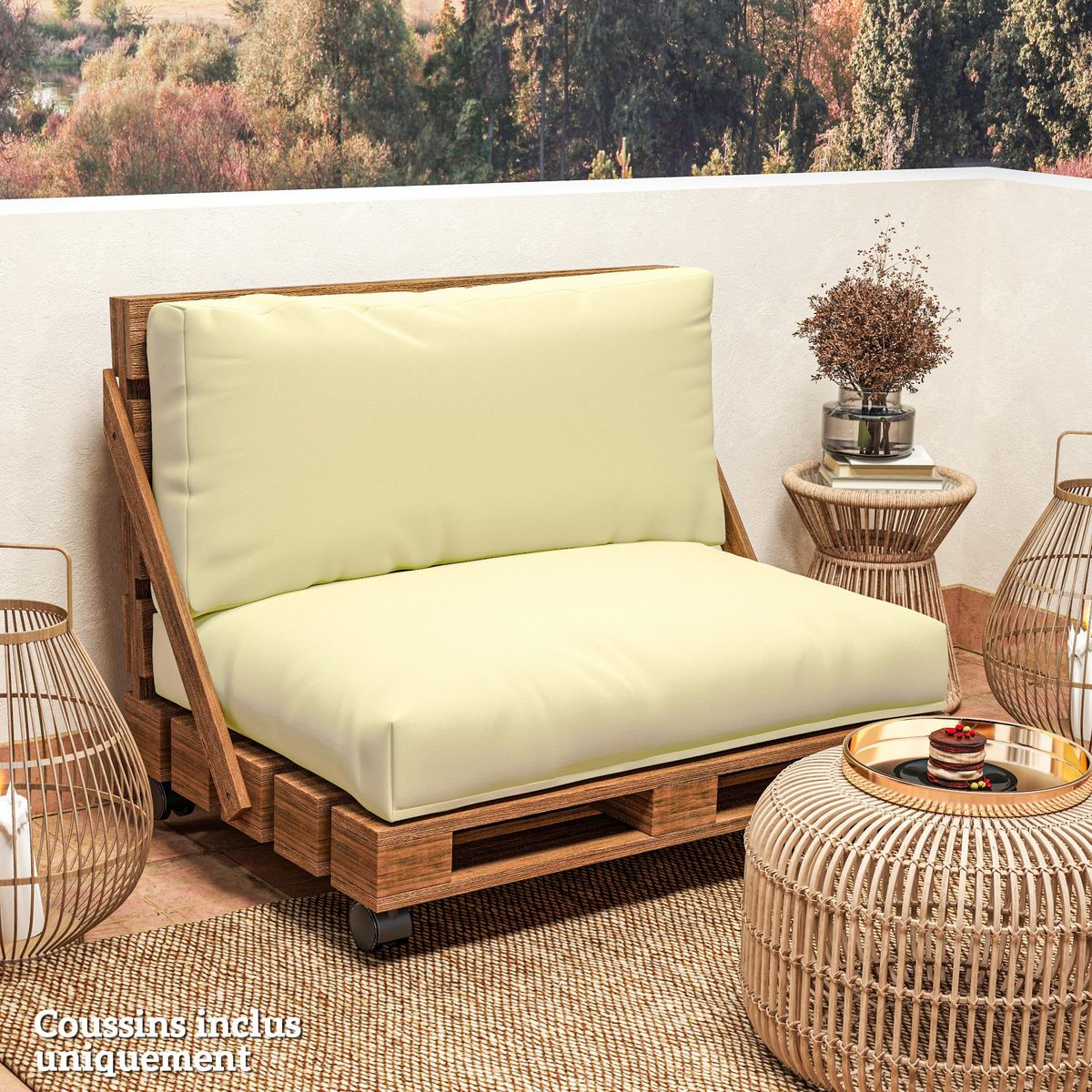 OUTSUNNY Coussins palette 2 places - coussins de palettes assise 120 x 80 cm dossier 120 x 45 cm - épaisseur 20 cm - tissu écru
