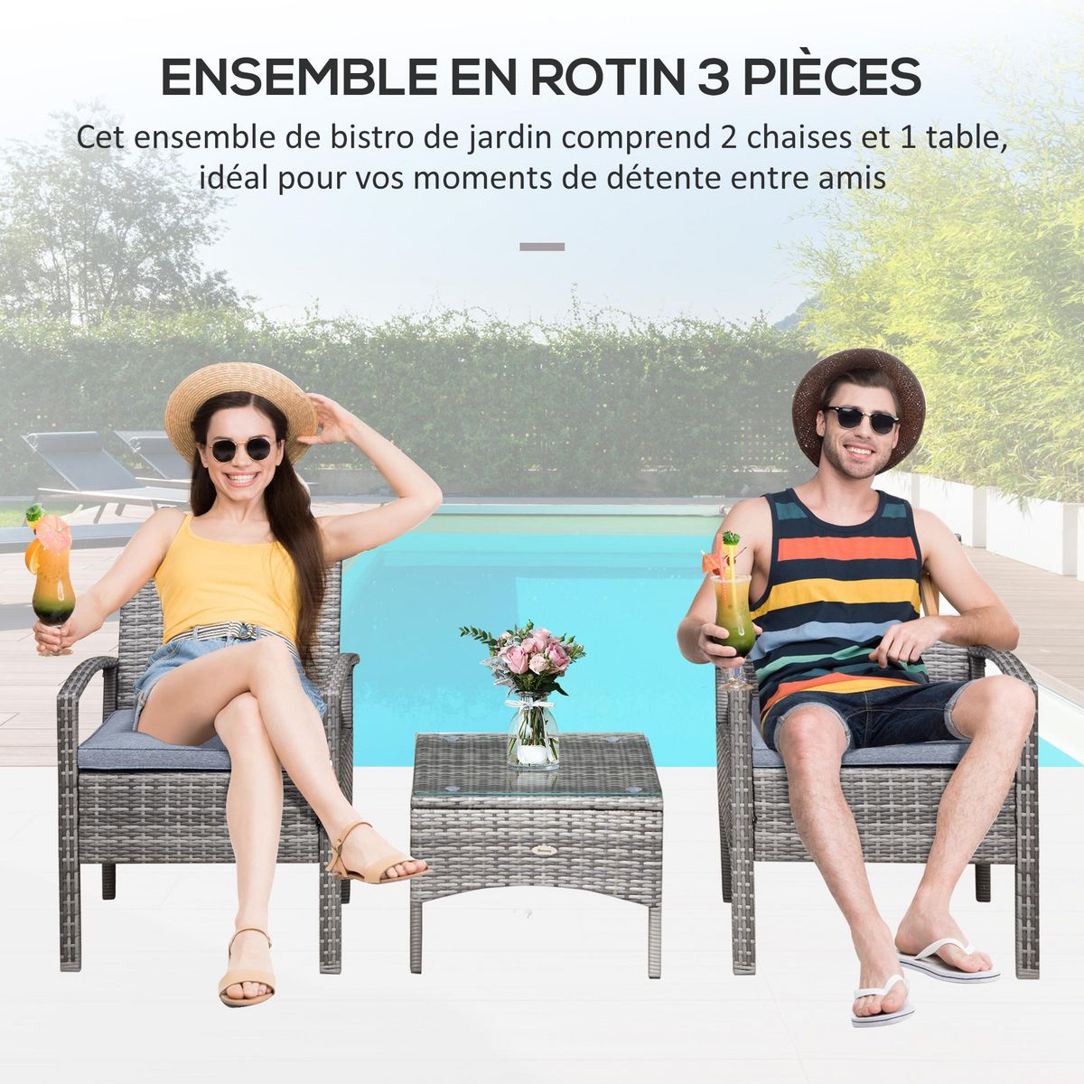 OUTSUNNY Ensemble salon de jardin 2 places 3 pièces résine tressée imitation rotin avec coussins gris