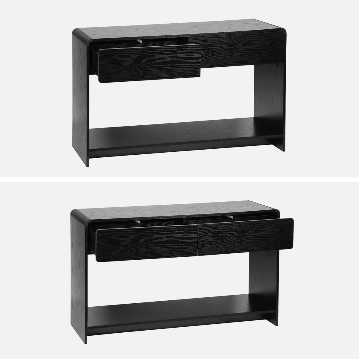 SWEEEK Console 2 tiroirs. 1 étagère. effet bois noir arrondi