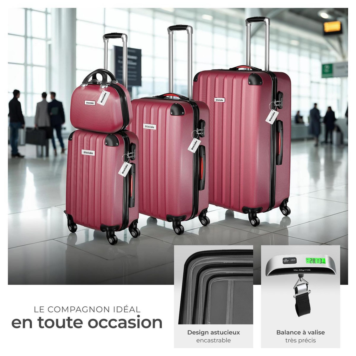 tectake Set de valises rigides 4 pièces, 3 Trolleys, 1 Vanity case, Balance et étiquette bagages inclus rouge bordeaux