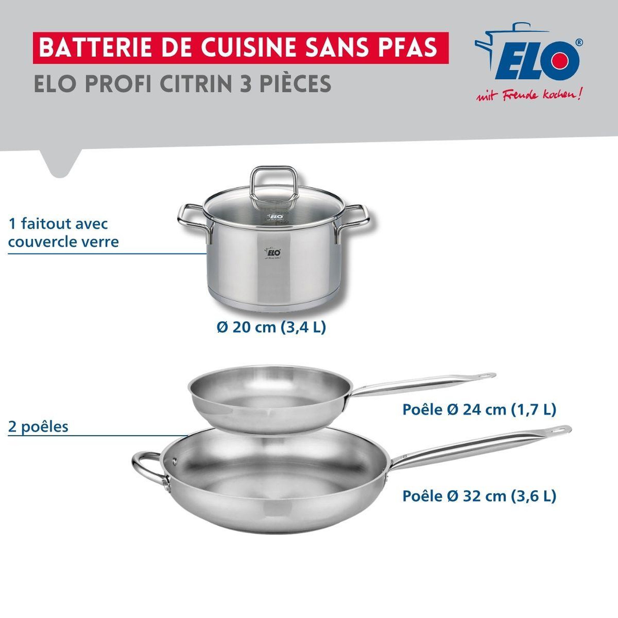 Voir la diapositive 2 : ELO Ensemble de 2 poêles de cuisson 24 et 32 cm et 1 faitout 20 cm elo profi citrin