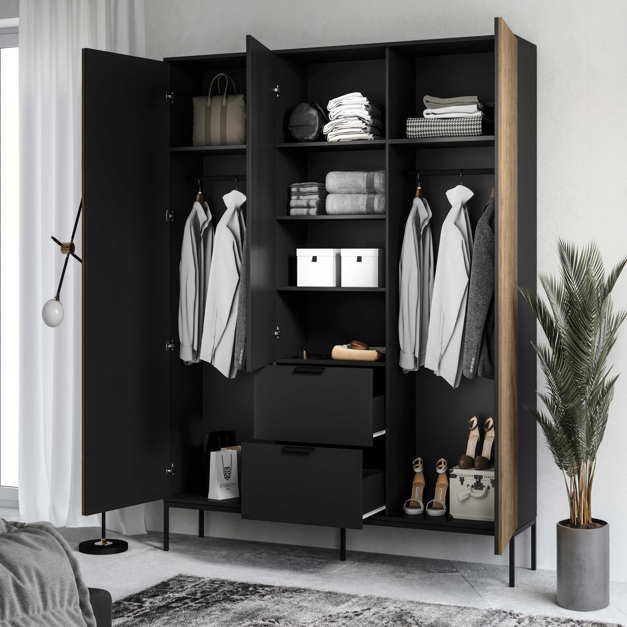 Voir la diapositive 2 : BEST MOBILIER Savanna - armoire - effet bois et noir - 185x200 cm