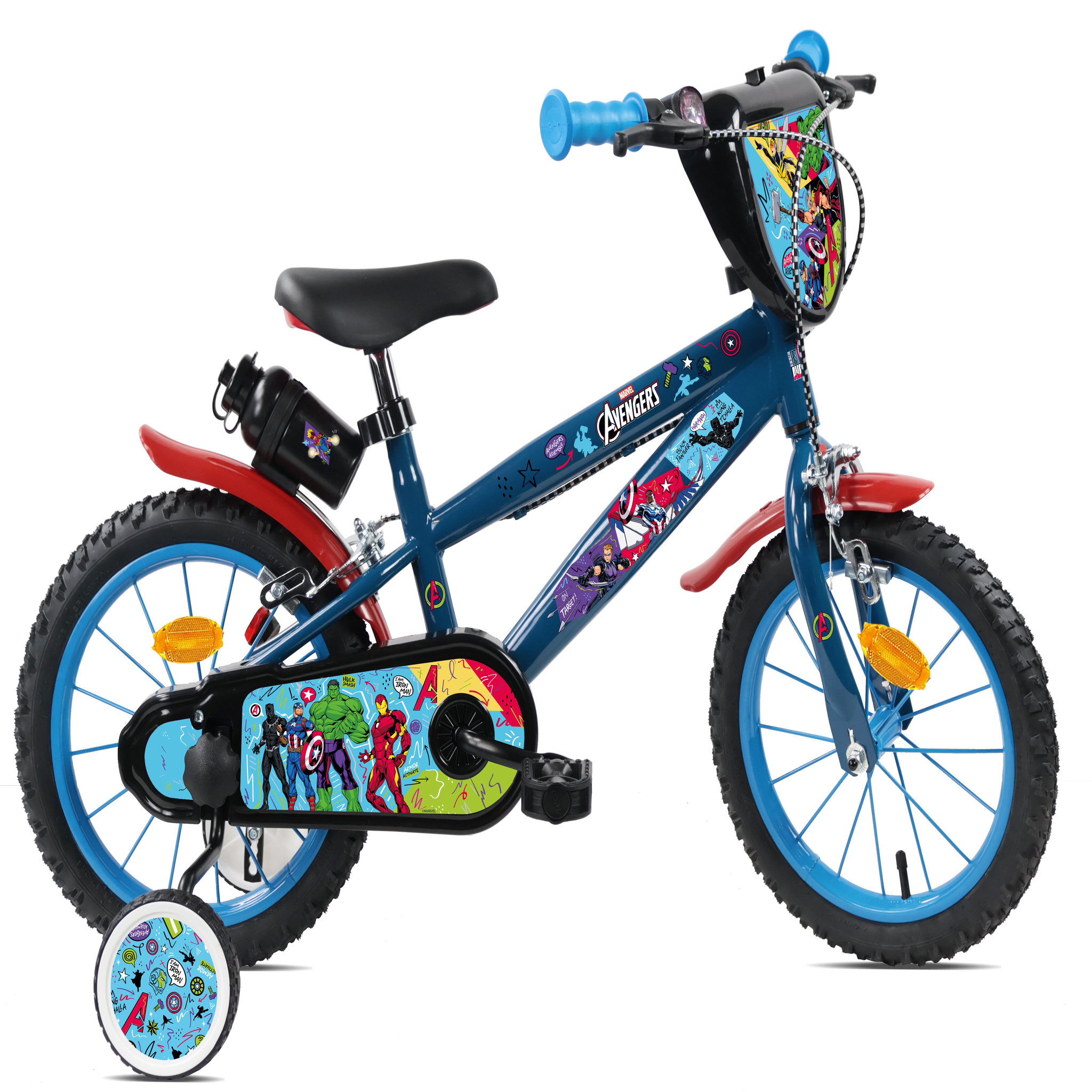 Avengers Vélo enfant 14'' avengers (90 à 105cm) avec 2 freins, plaque avant décorative , bidon arrière, stabilisateurs & pneus gonflables.