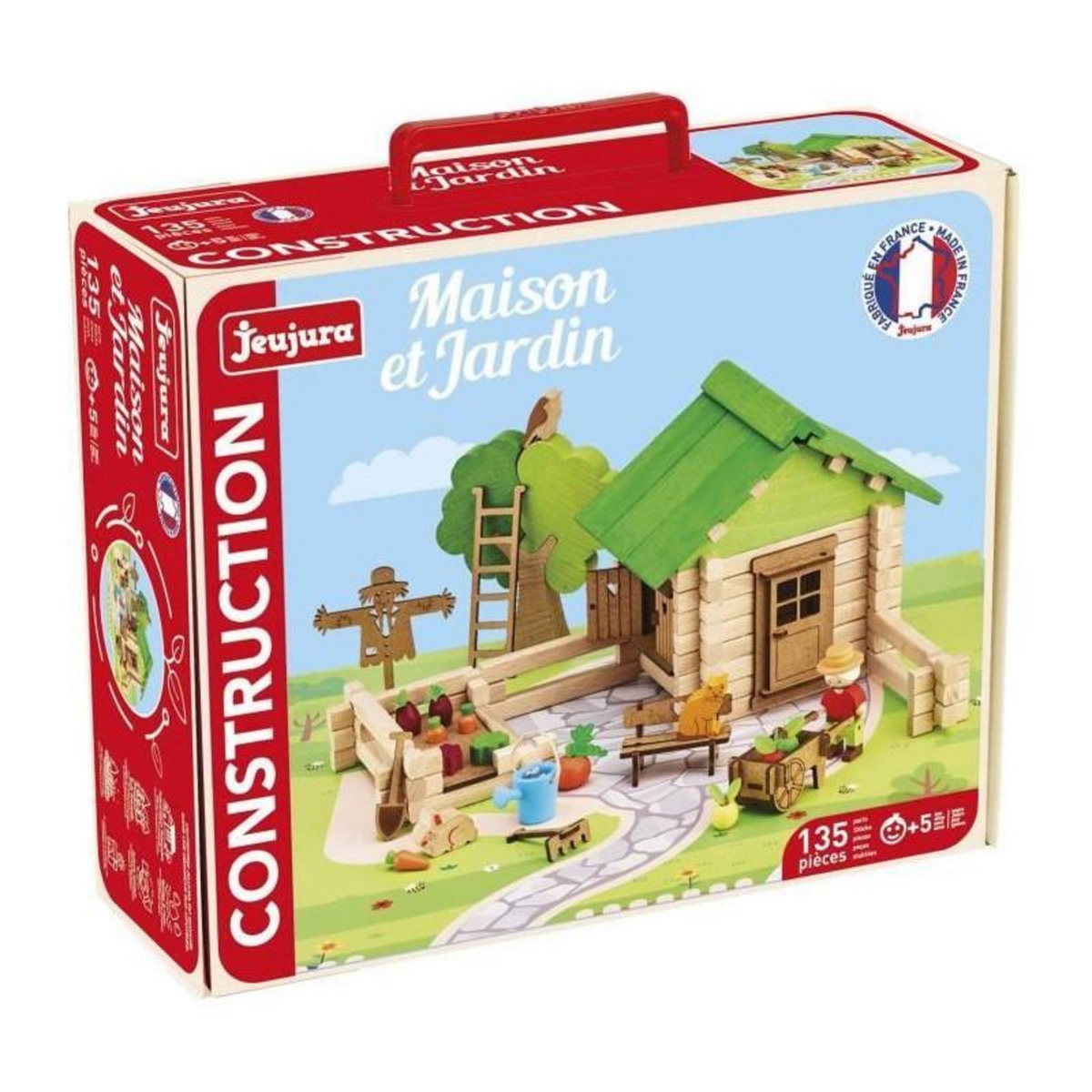 JeuJura Maison et Jardin 135 Pieces - JEUJURA - Jeu de Construction en Bois Naturel, Tapis et Accessoires Inclus, 32x27x11 cm