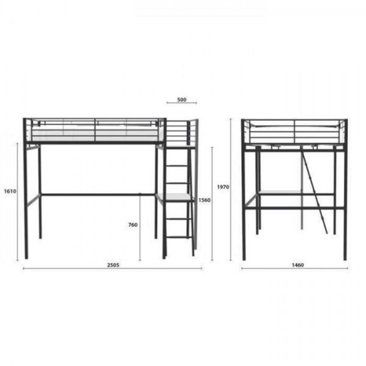 MARKET24 Lit mezzanine avec bureau en métal époxy - Noir - Sommier inclus - 140x190 cm - OXFORD