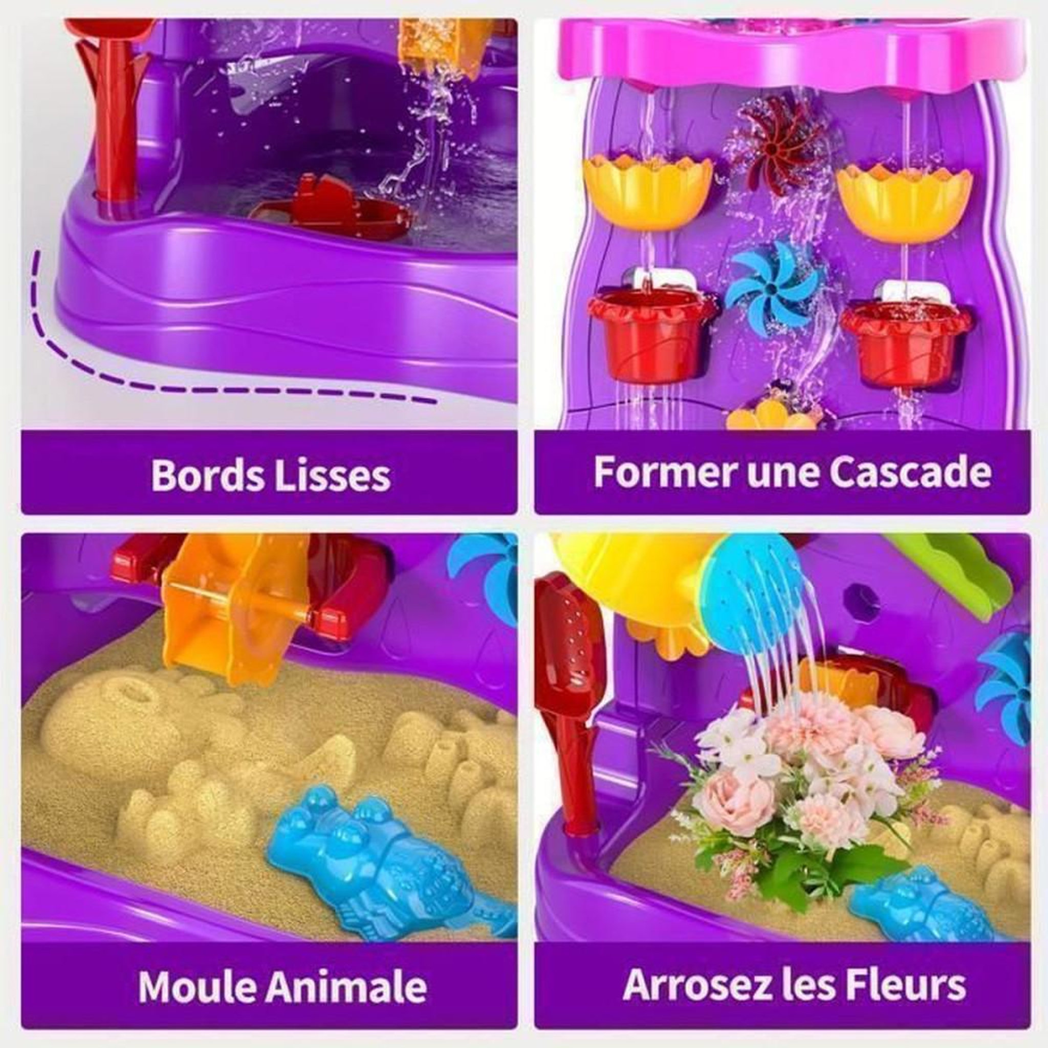 Voir la diapositive 3 : Table murale d'activités double face sable et eau violet avec accessoires pour enfants 3 à 8 ans